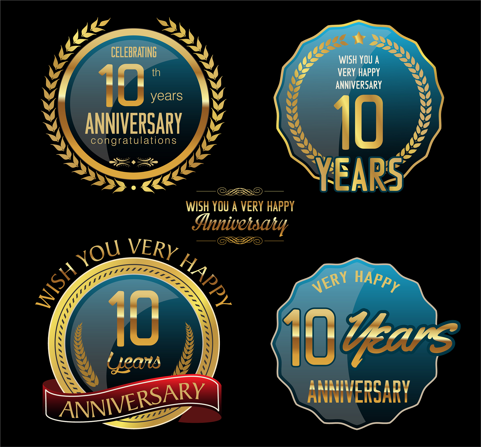 anniversary gold and blue labels and badges 10