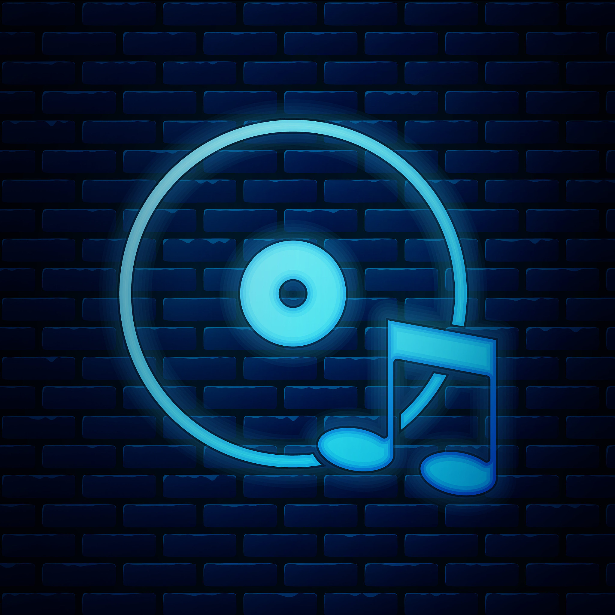glowing neon vinyl disk icon isolated on brick wall background. 