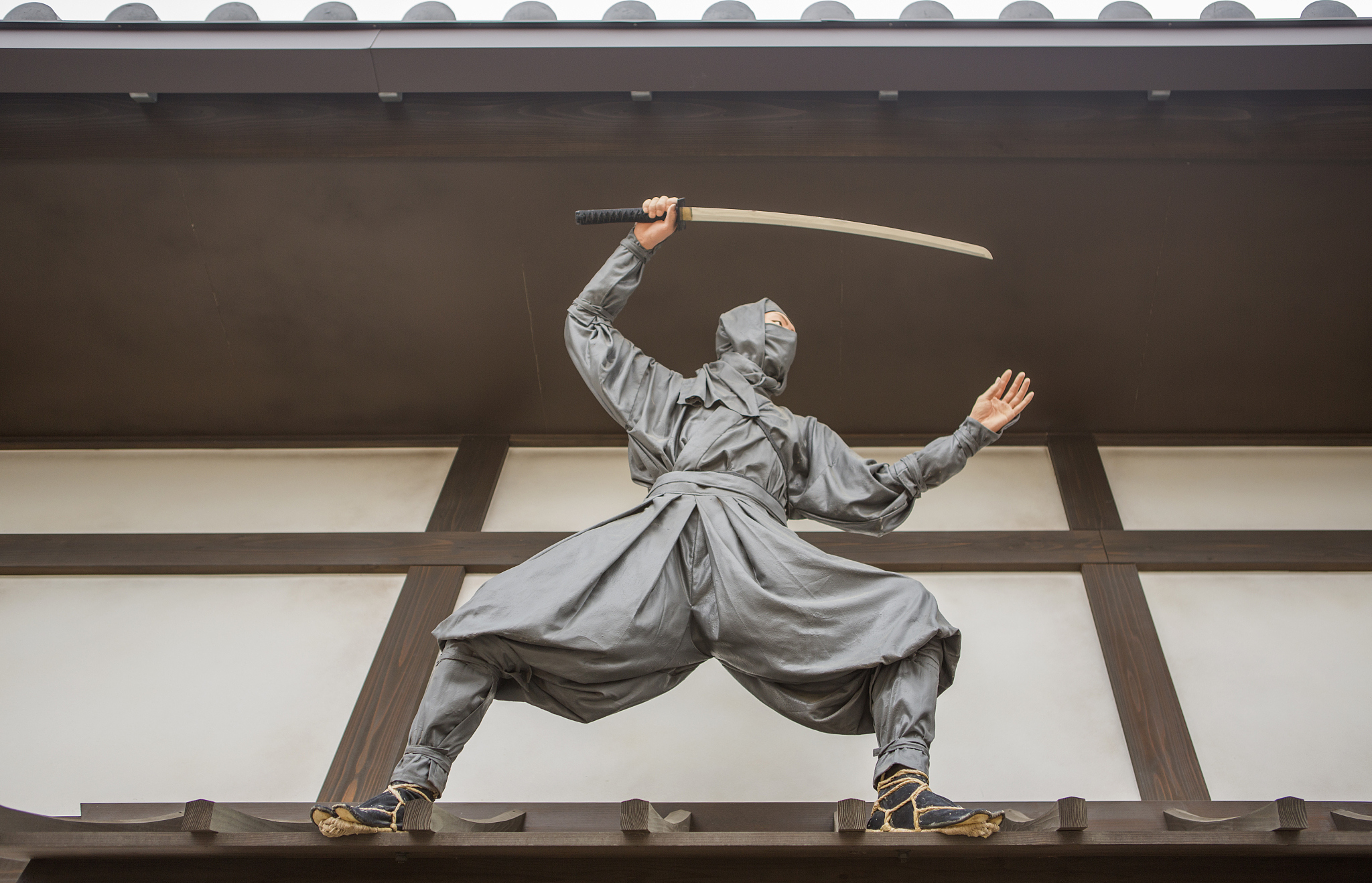 model  with samurai ninja costume in toei studios kyoto japan