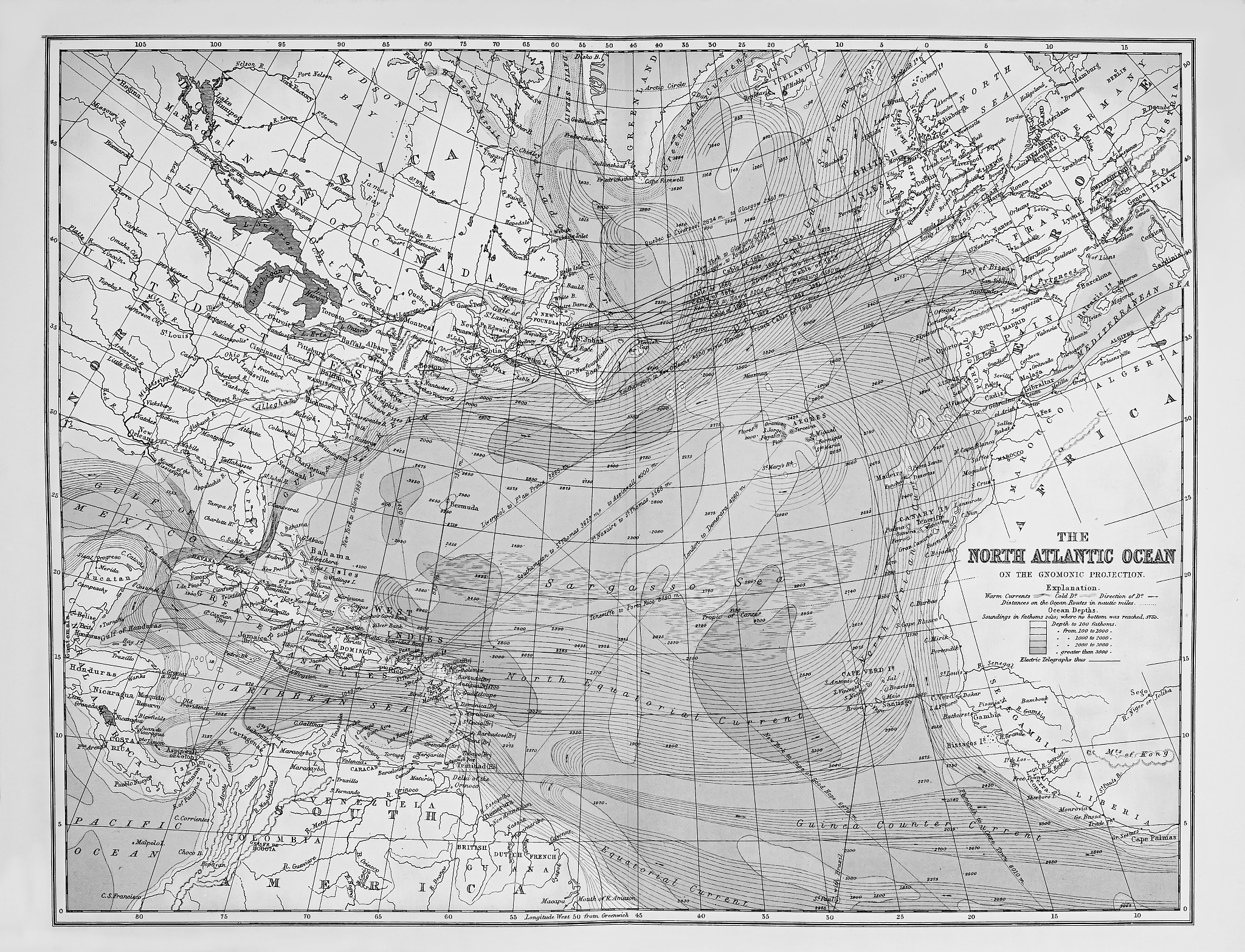old map of north atlantic ocean, published 1894. antique illustr
