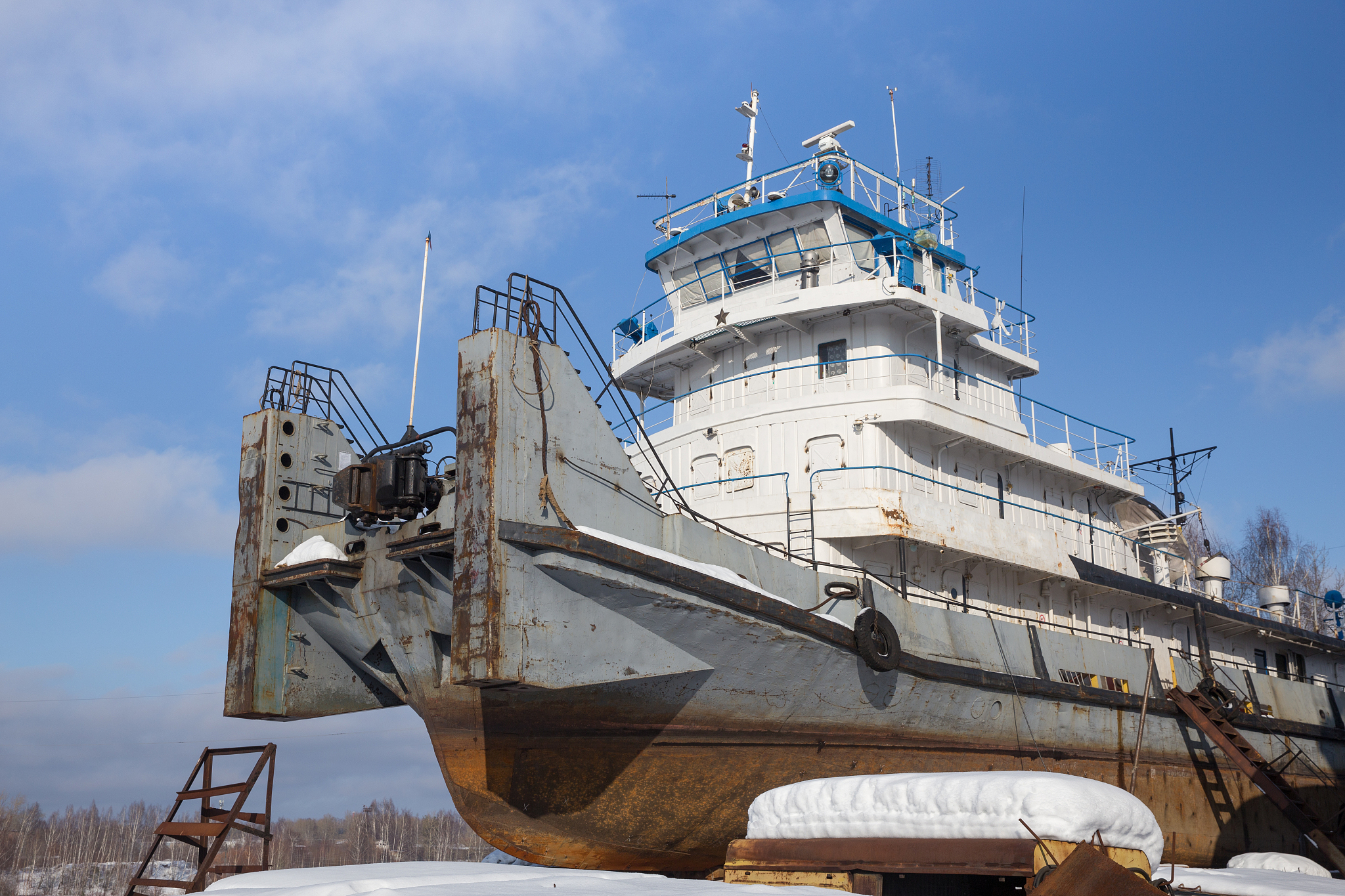 barge ship bottom view in backwater