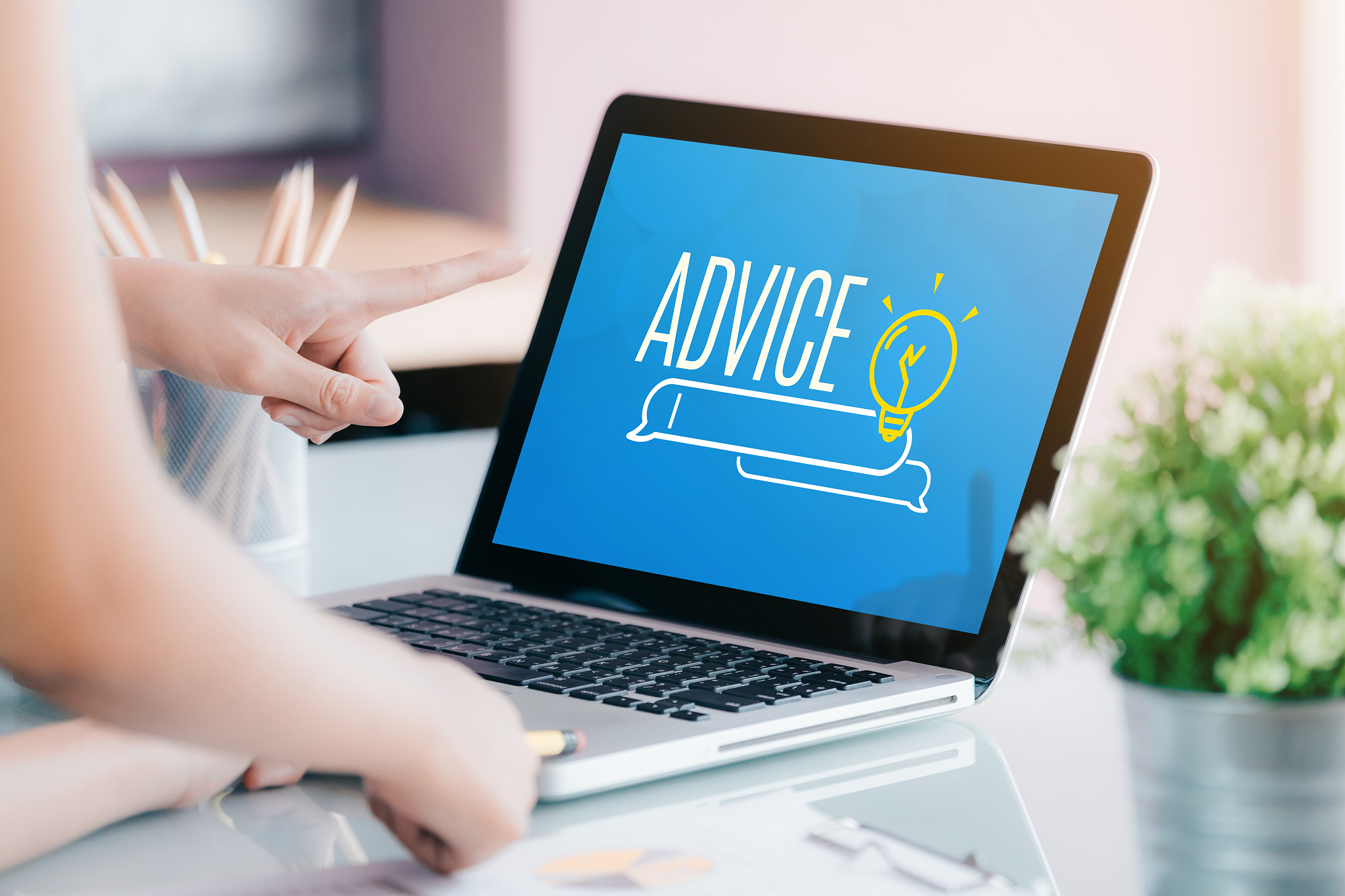 close up businesswoman hand point at laptop screen with advice f