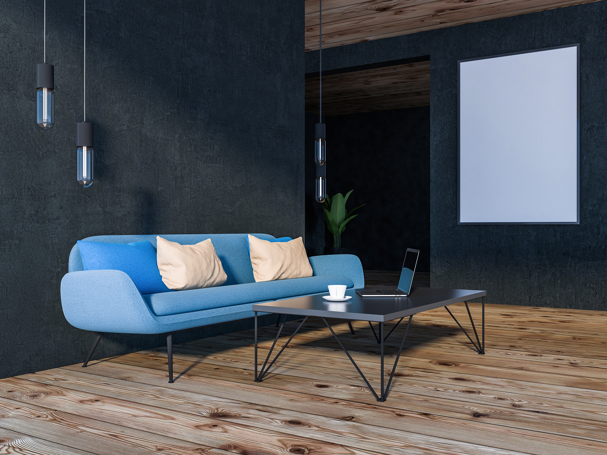 blue sofa in black living room interior, poster
