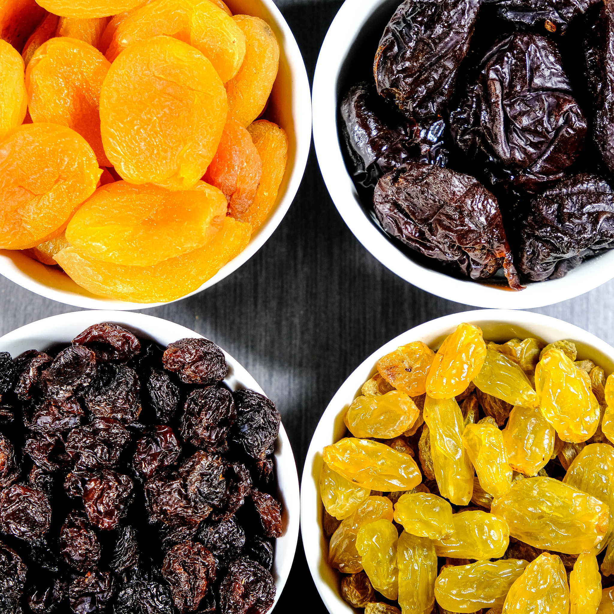 dried fruits soft apricots, prunes, raisins and sultanas