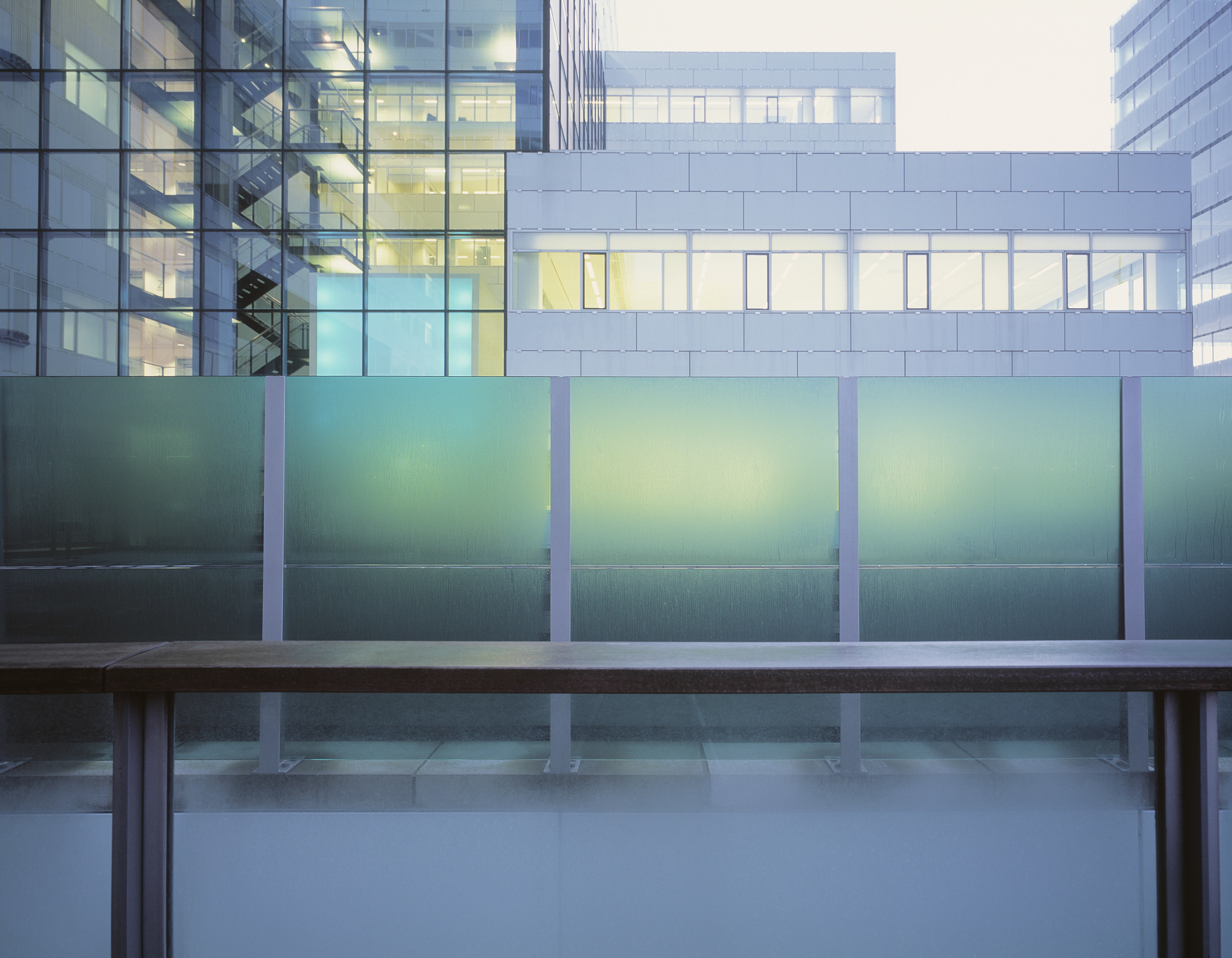 exterior of office buildings, dawn
