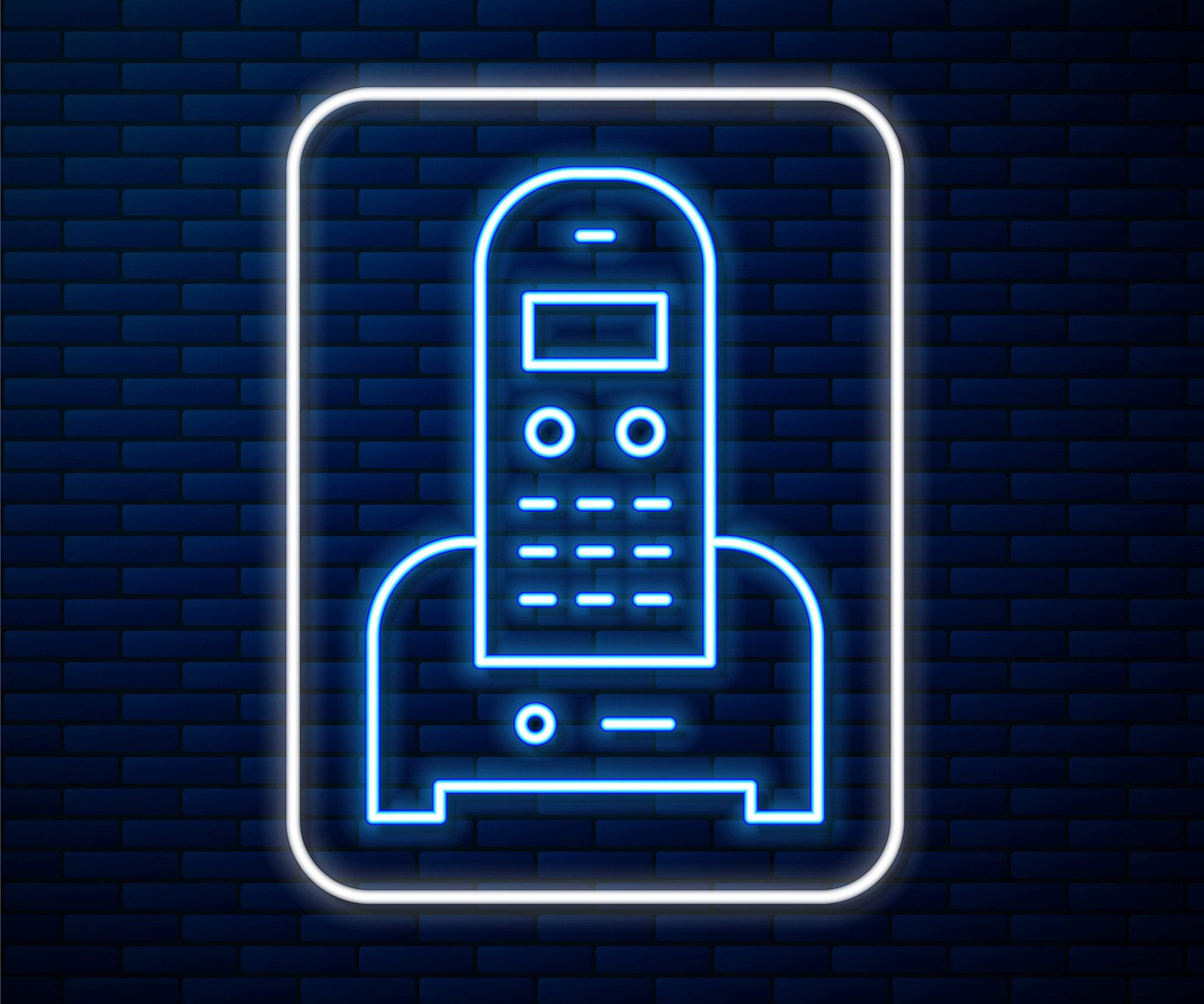 glowing neon line telephone icon isolated on brick wall backgrou