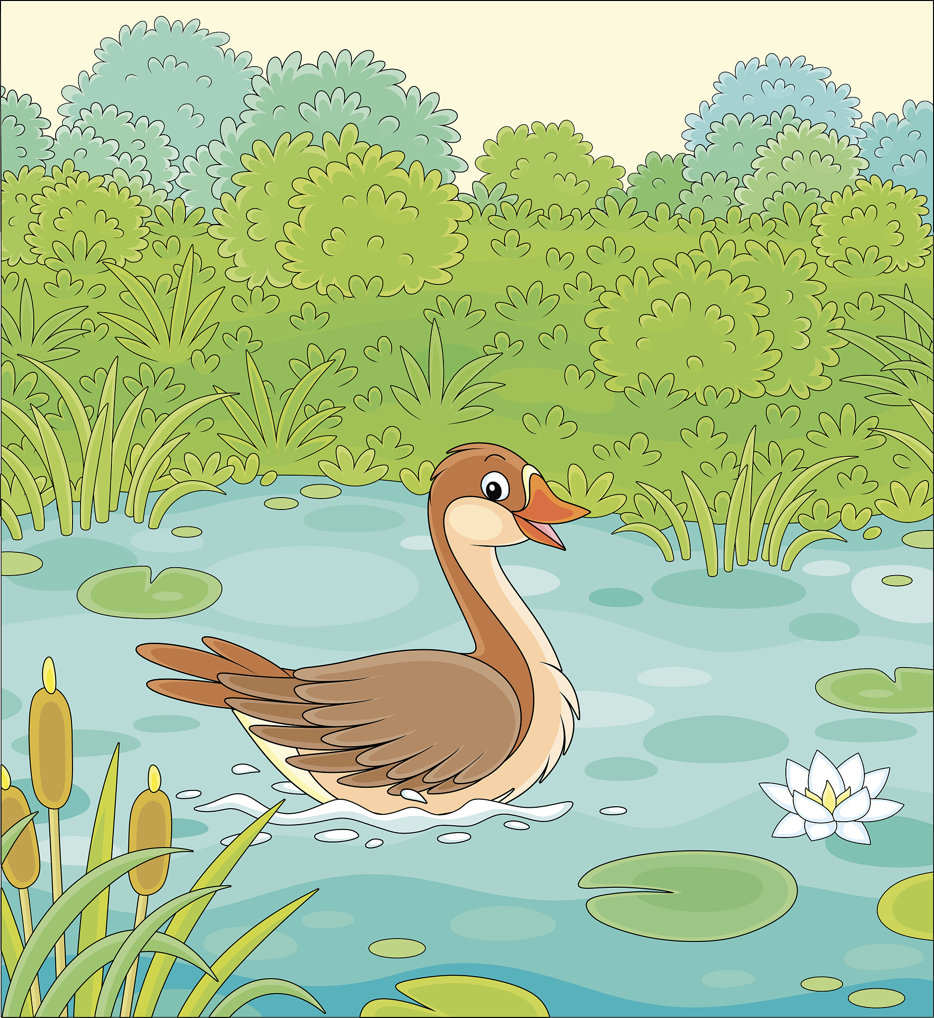 Goose goose goose with a curved neck singing towards the sky White feathers float on the green water while red palms stir the clear waves