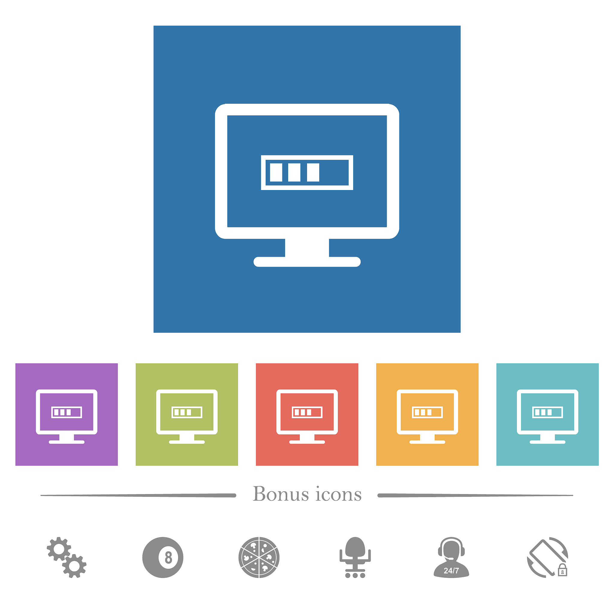 operation in progress flat white icons in square backgrounds