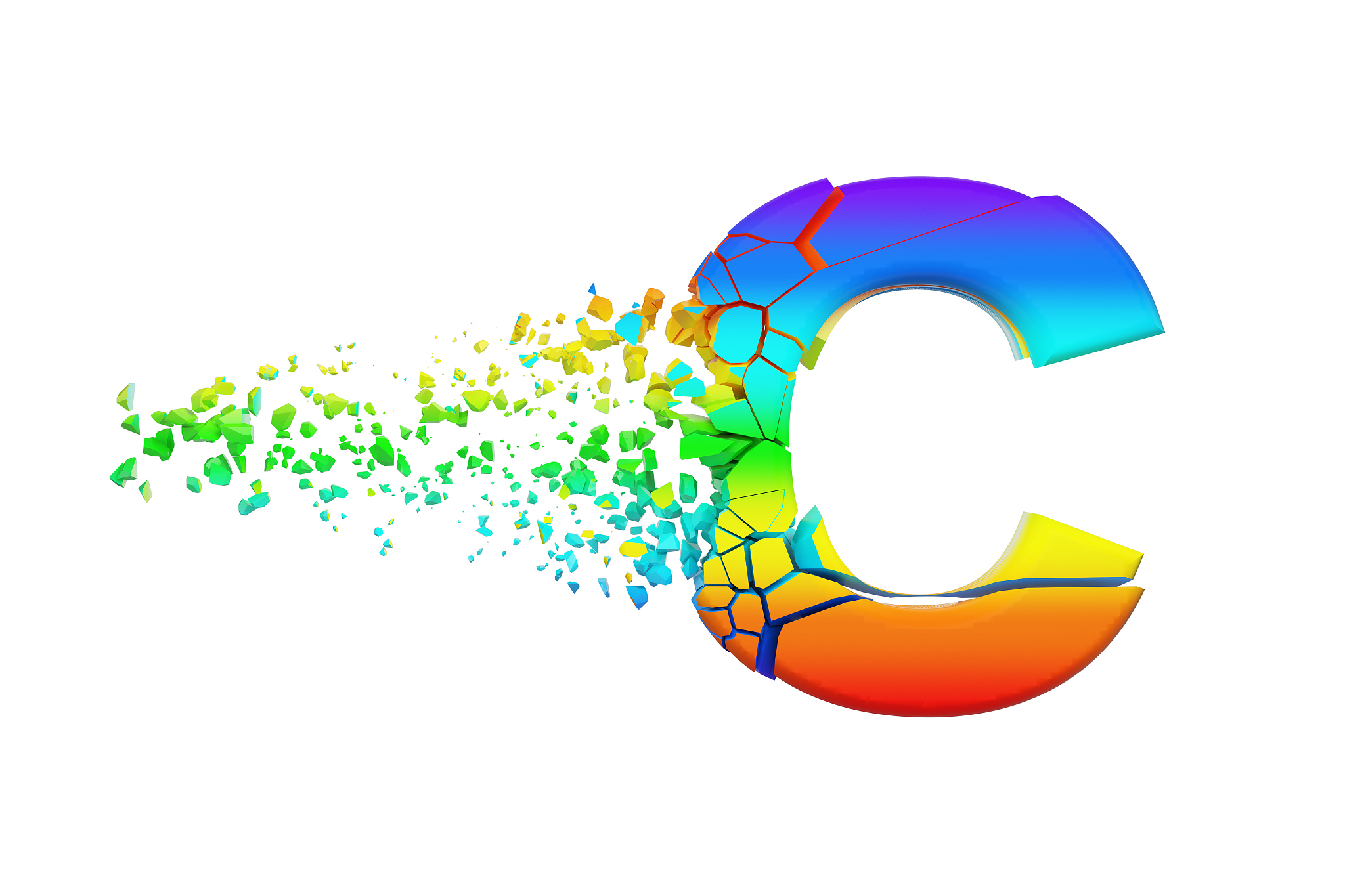 broken shattered iridescent alphabet letter c uppercase. crushed