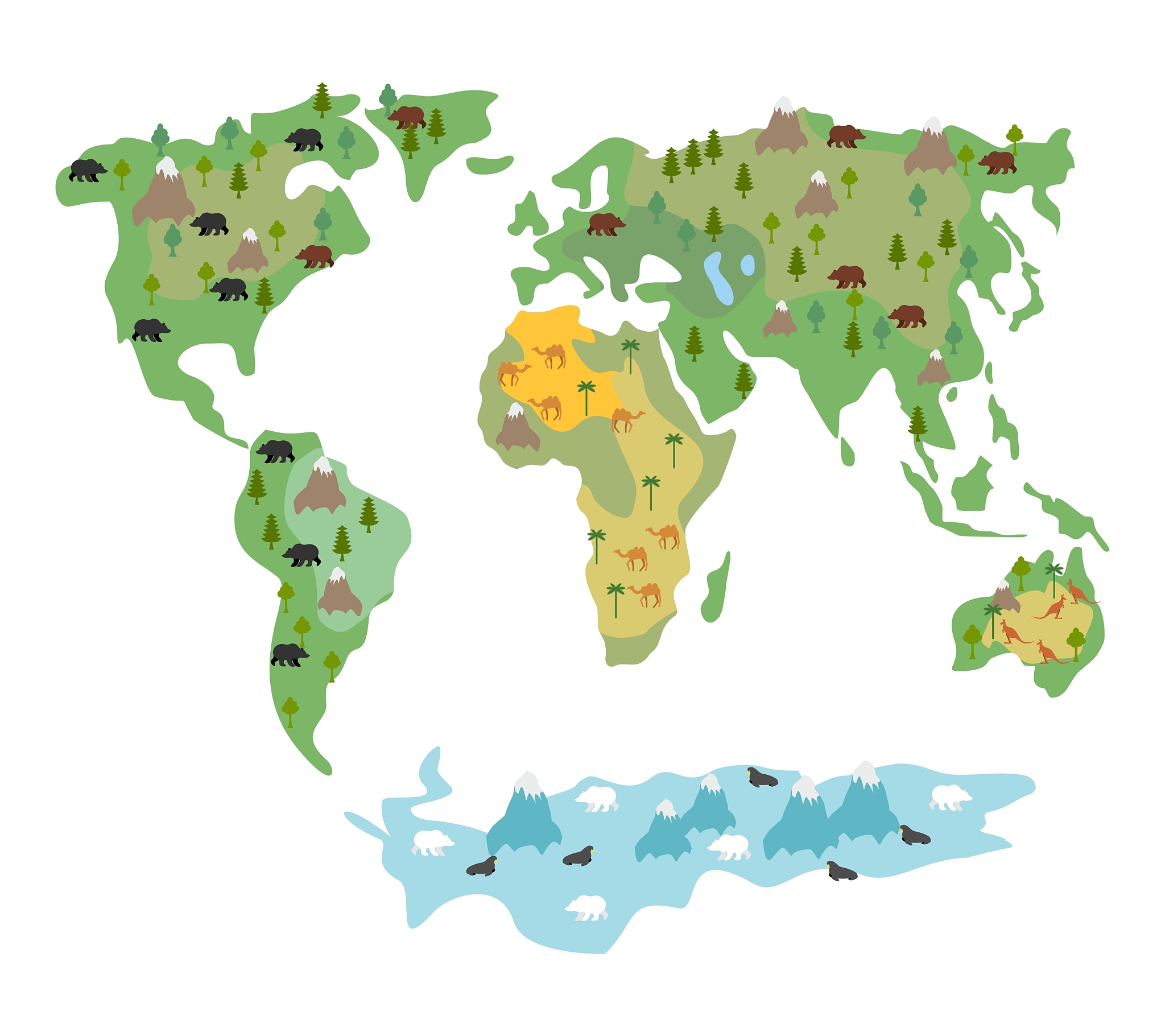 map of world with animals and trees geographic map