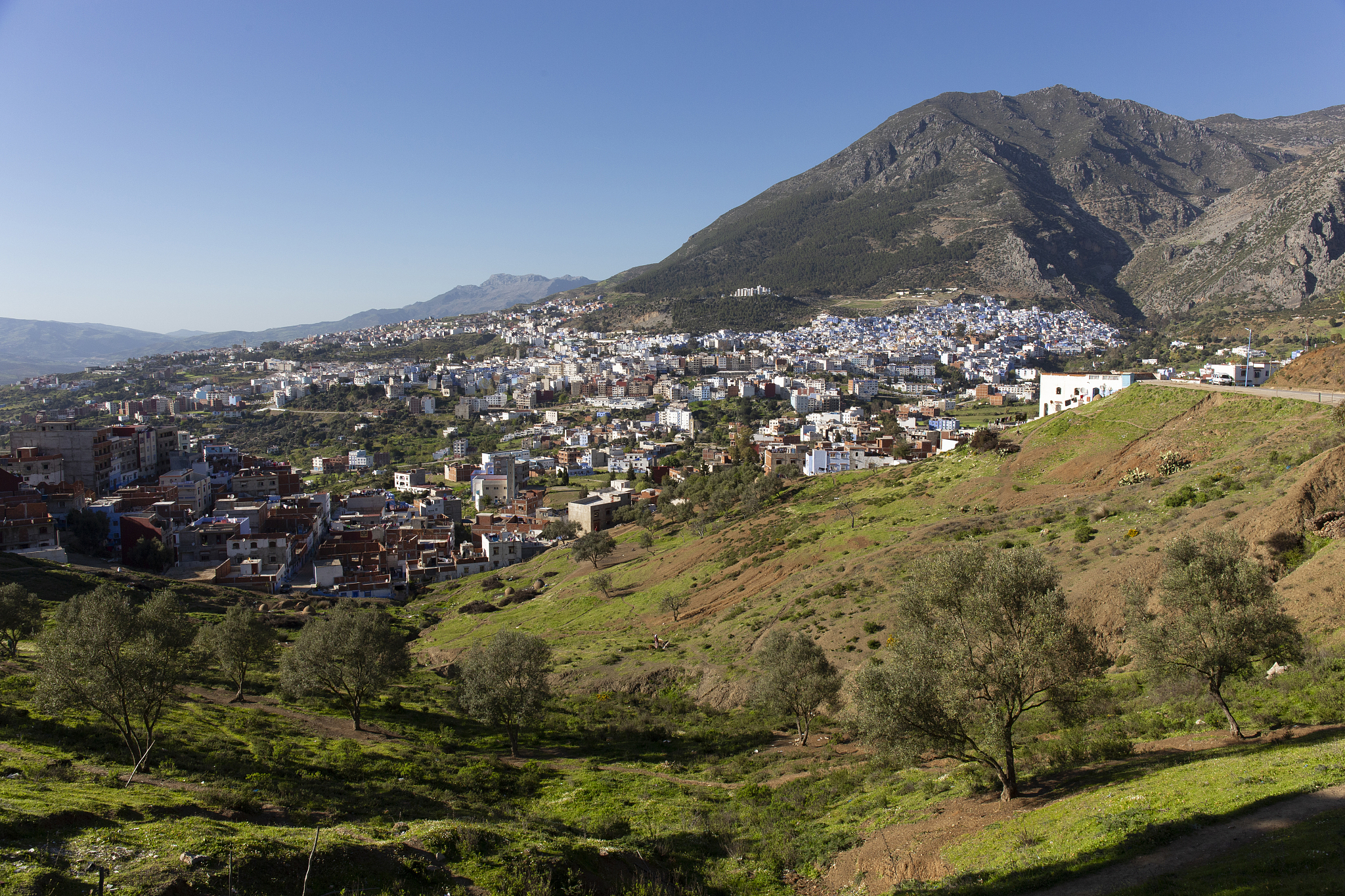 view of chefchaouen with buildings painted in blue color, morocc