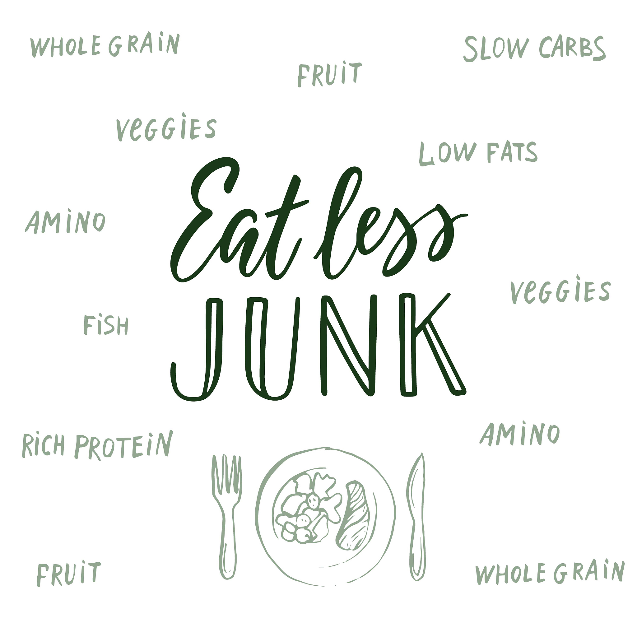 eat less junk! calligraphic quote and background about healthy e