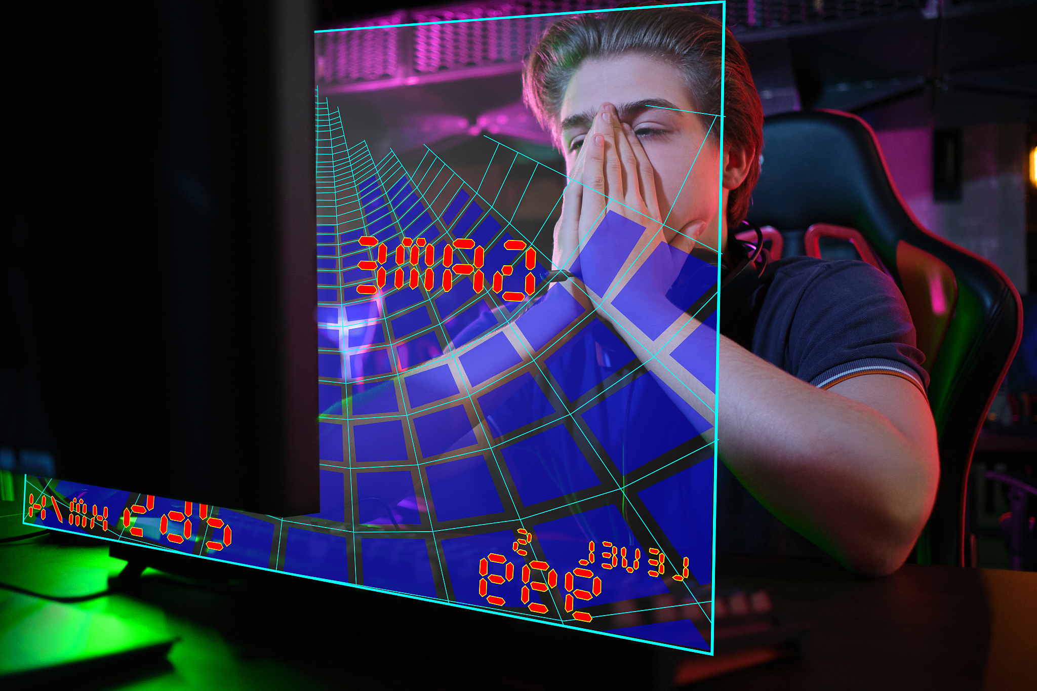professional young caucasian gamer playing online on his pc. he 