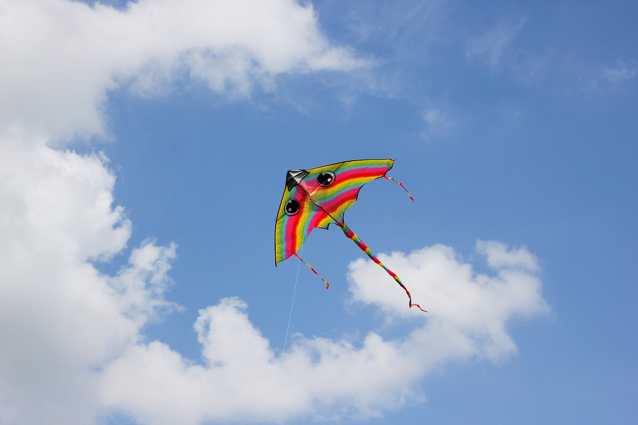 bright kite flying in the clouds and blue sky in the background.