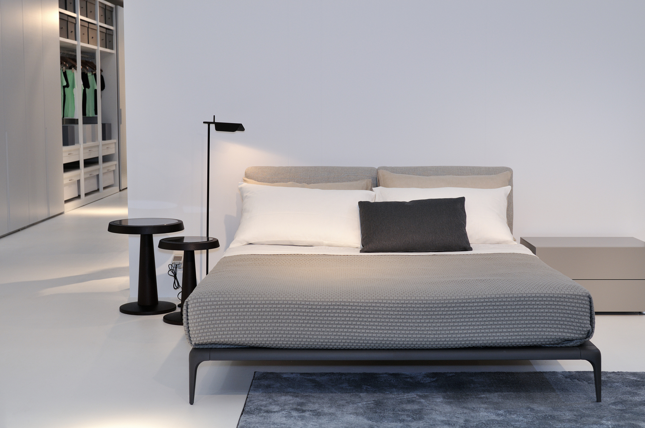 modern bedroom decorated in muted grey and light blue