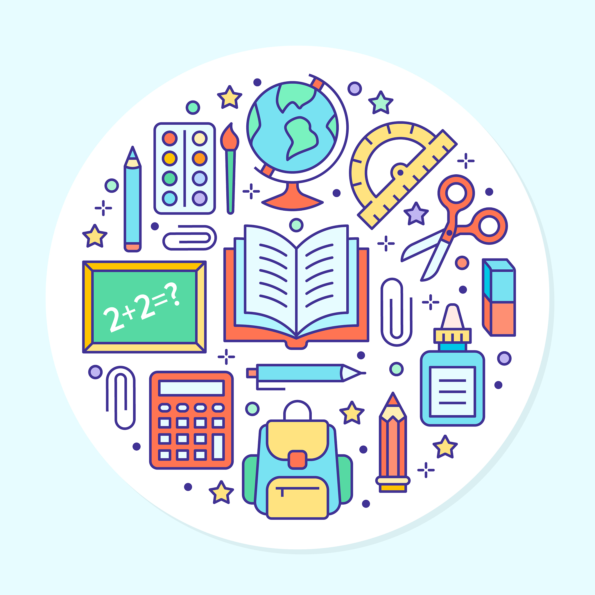 school supplies circle template with line icons