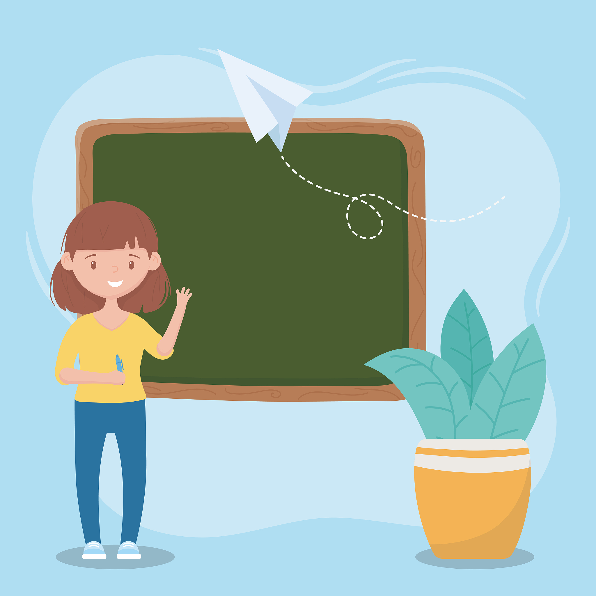 online education, teacher with pen chalkboard and plant