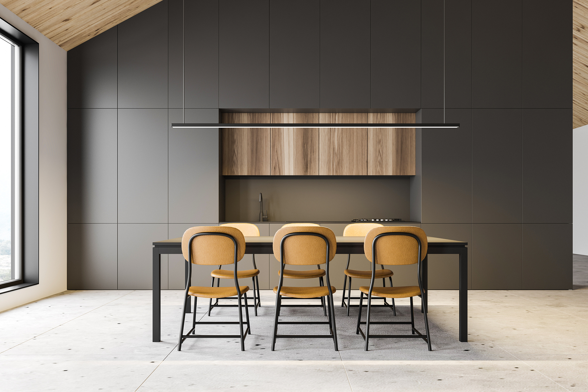 gray attic kitchen interior with dining table