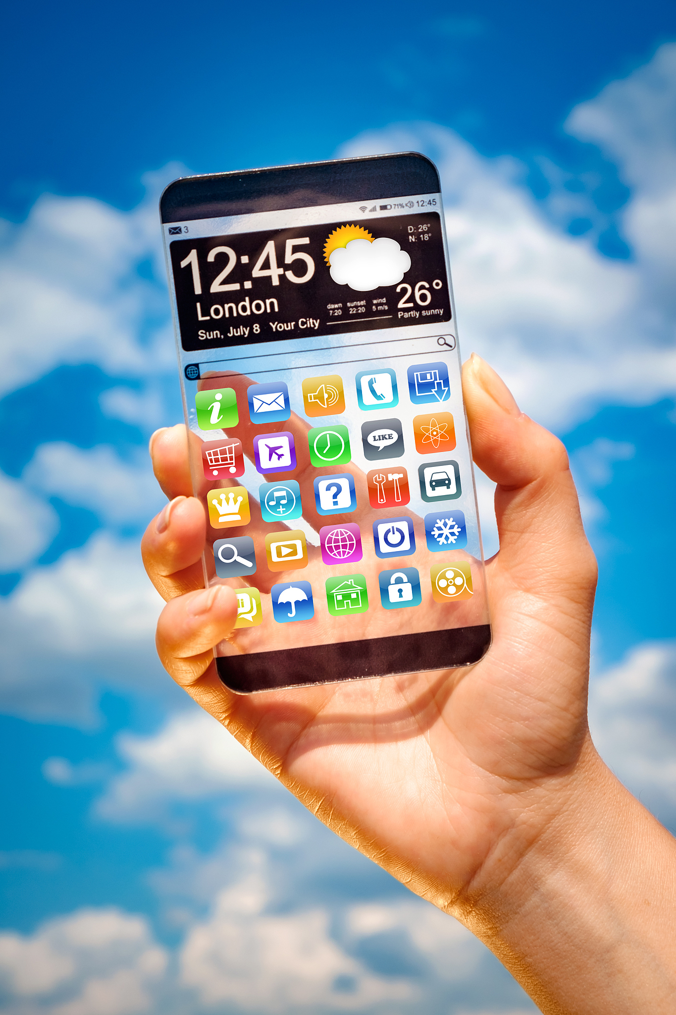 smartphone with transparent screen in human hands.
