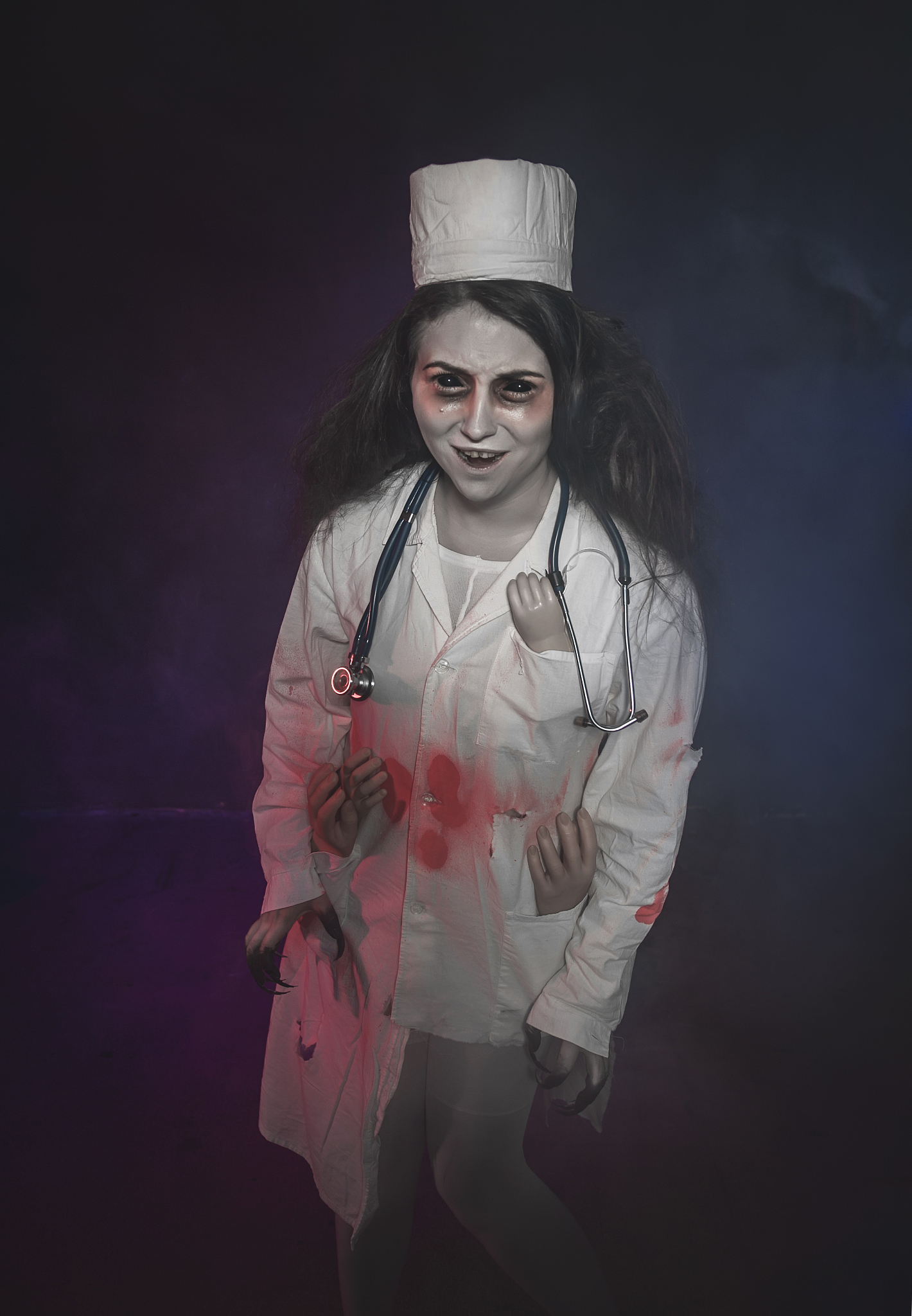 terrible nurse woman screaming. halloween scene