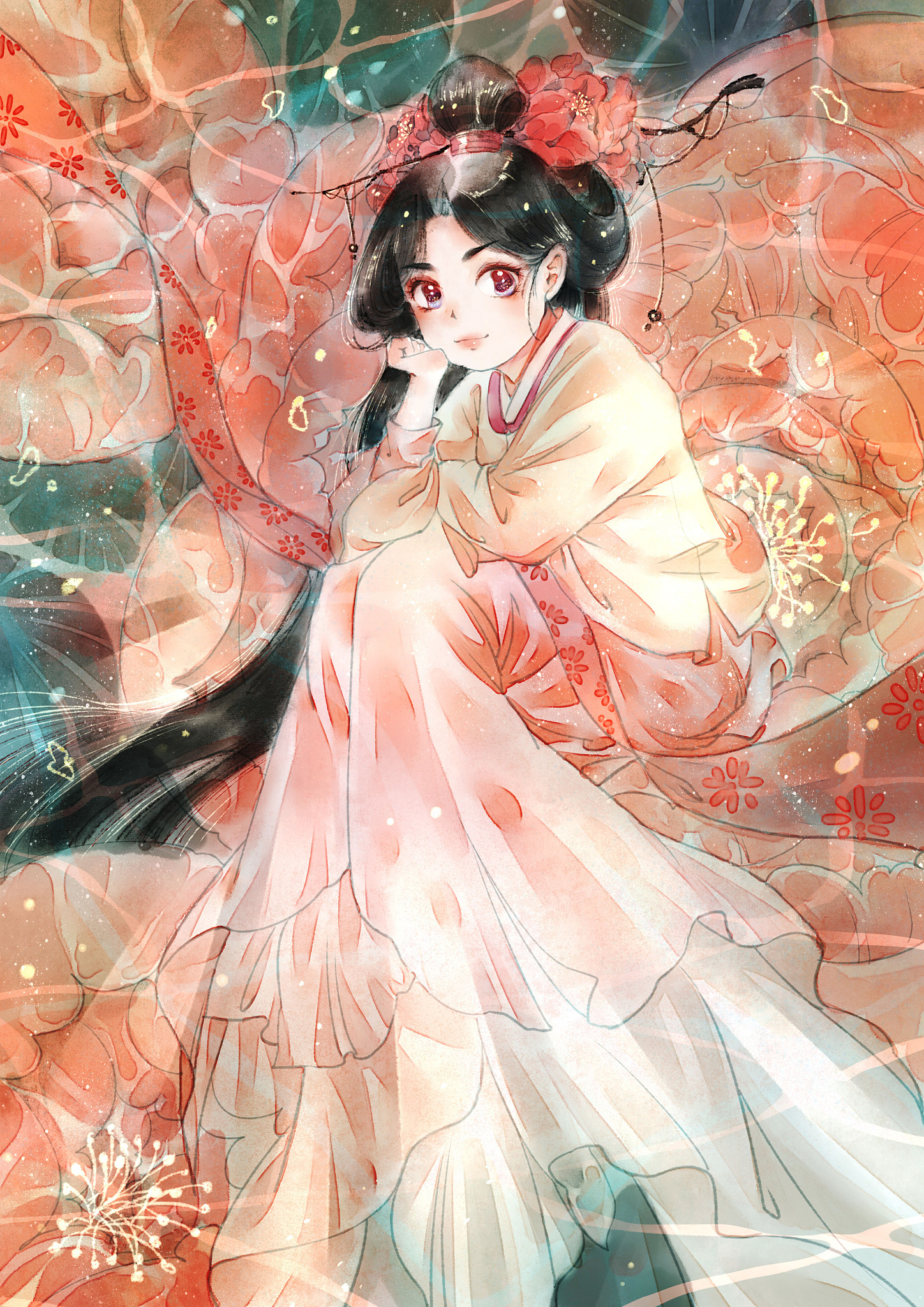 唐代风格手机壁纸：笑容灿烂的活力少女与粉色晚霞