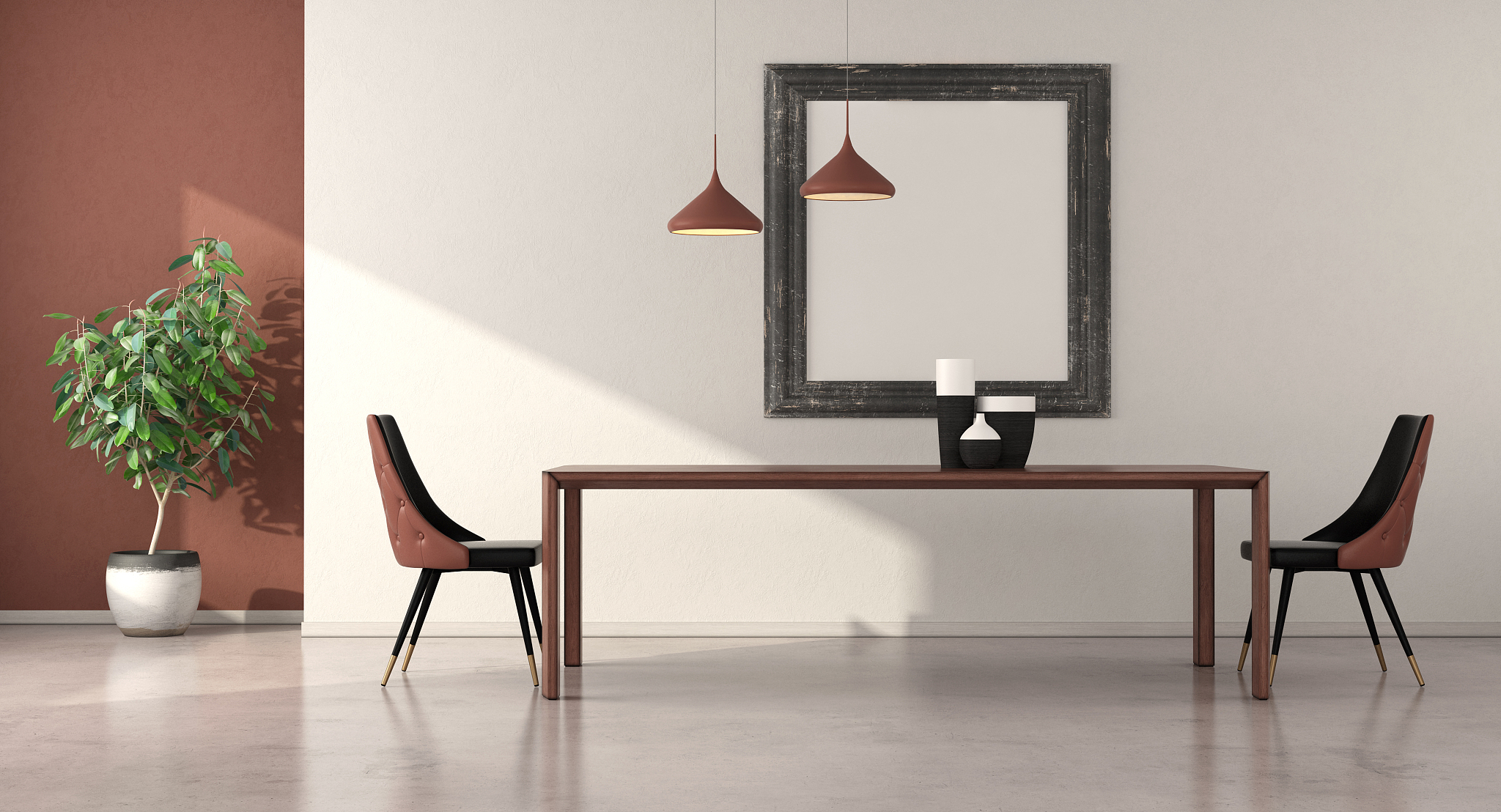 minimalist dining room with wooden table and elegant chairs