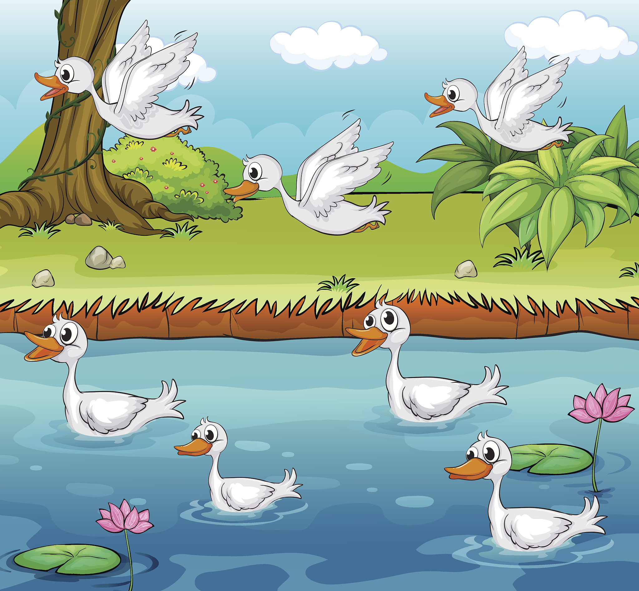 Goose goose goose with a curved neck singing towards the sky White feathers float on the green water while red palms stir the clear waves