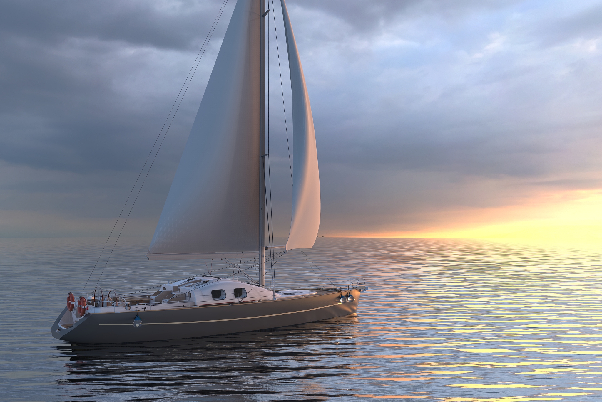 sailing on sea and sunset 3d illustration