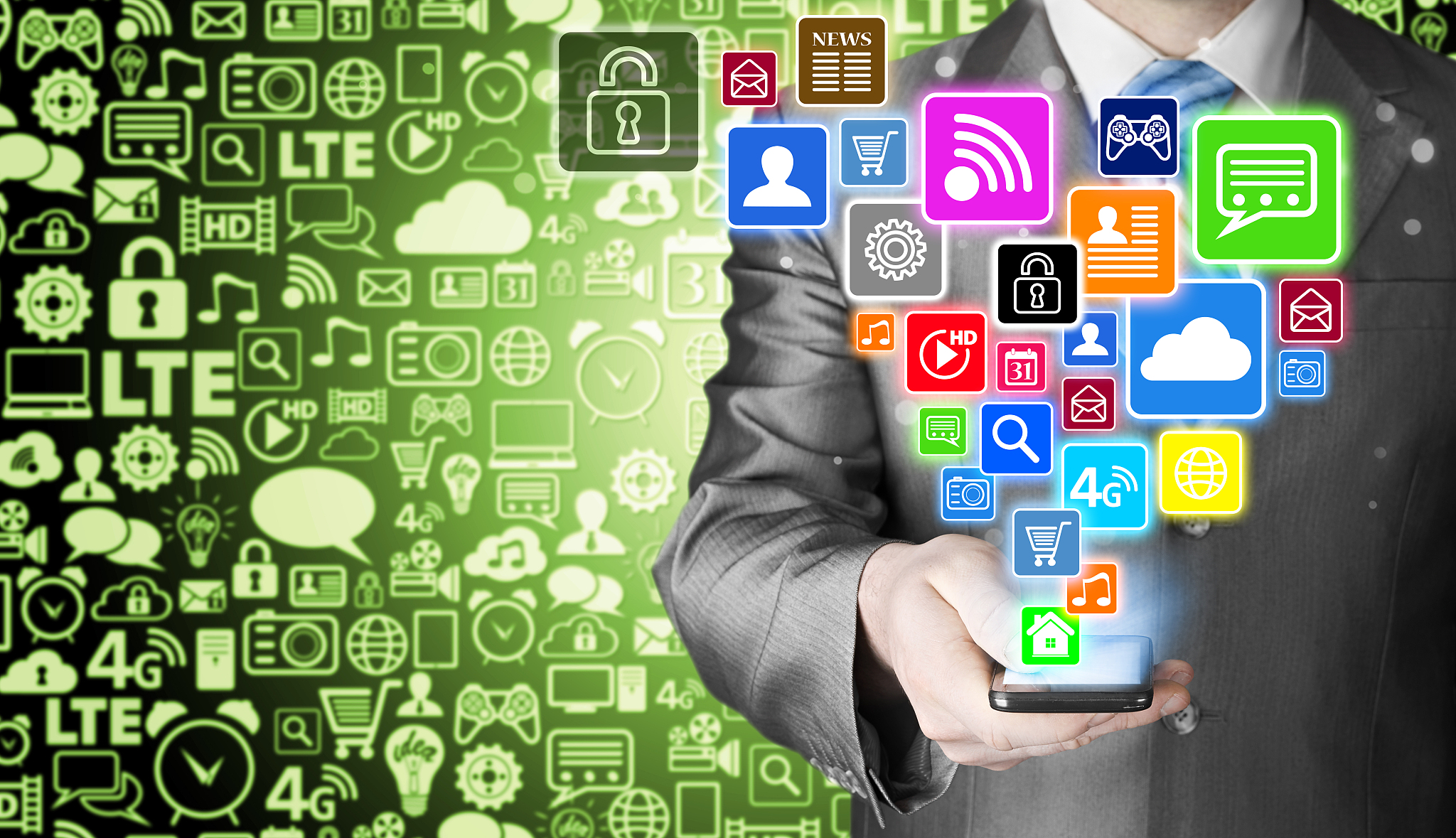 business man using smart phone with social media icon set