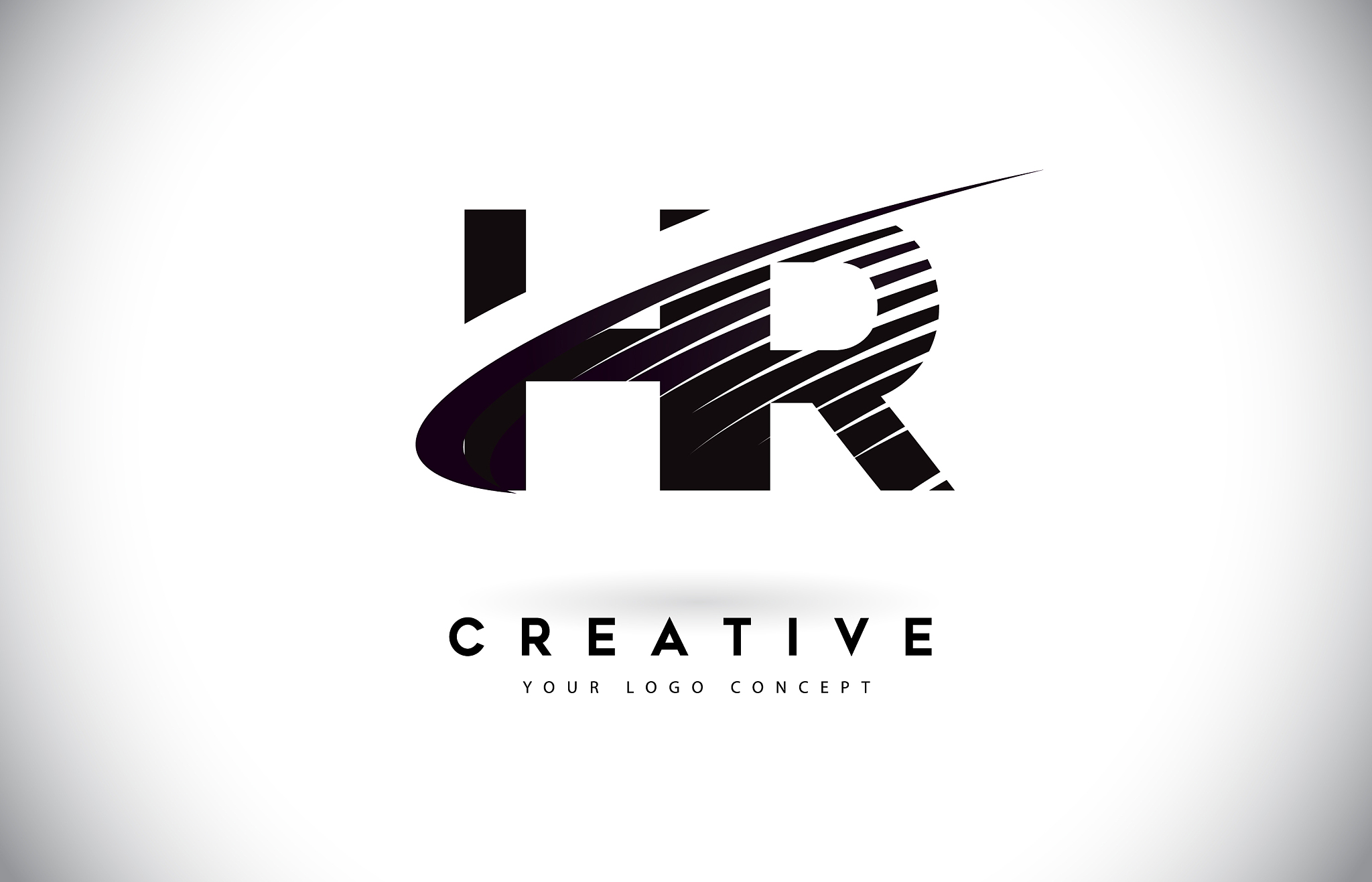 hr h r letter logo design with swoosh and black