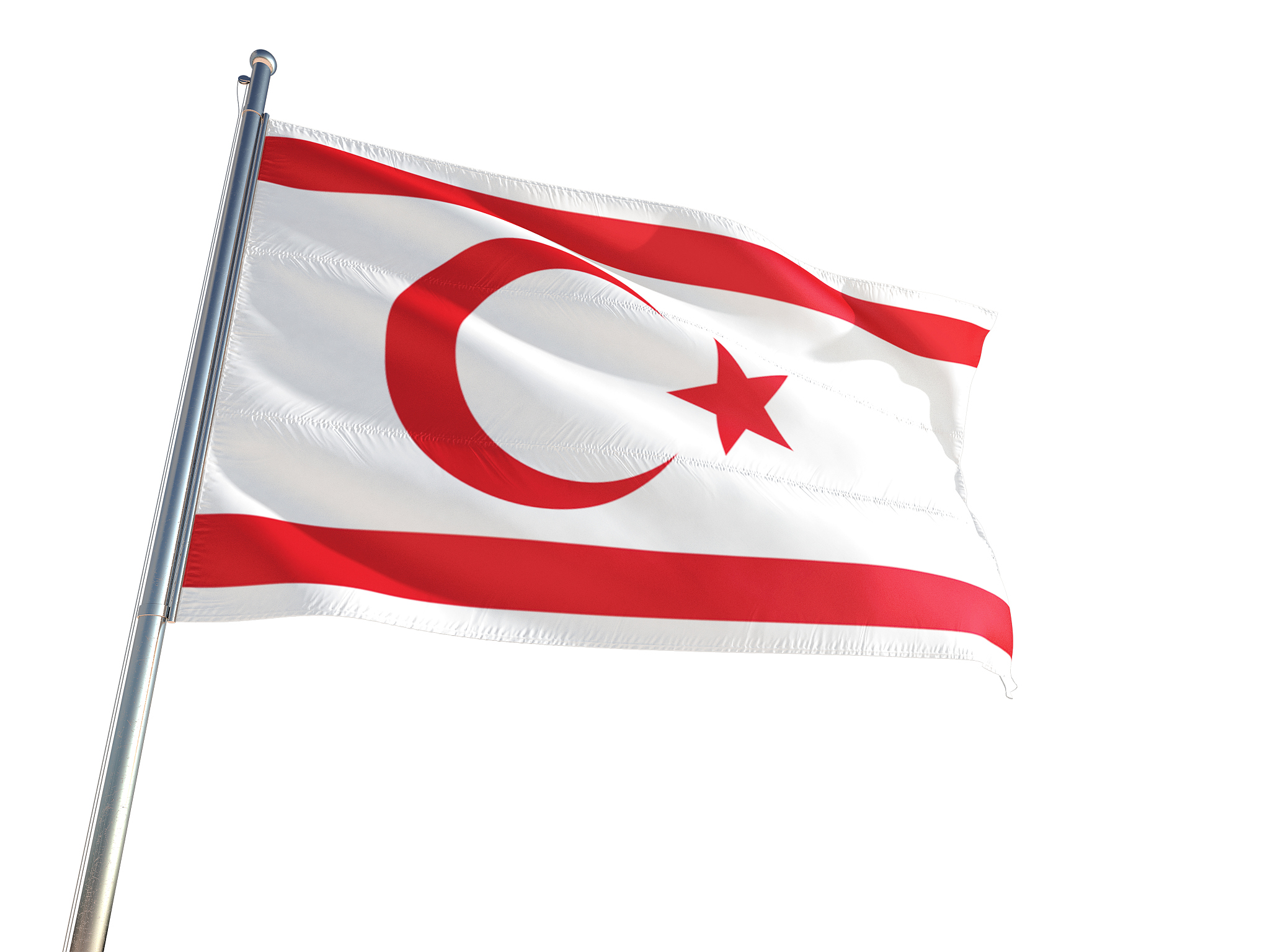 northern cyprus national flag waving in the wind, isolated white