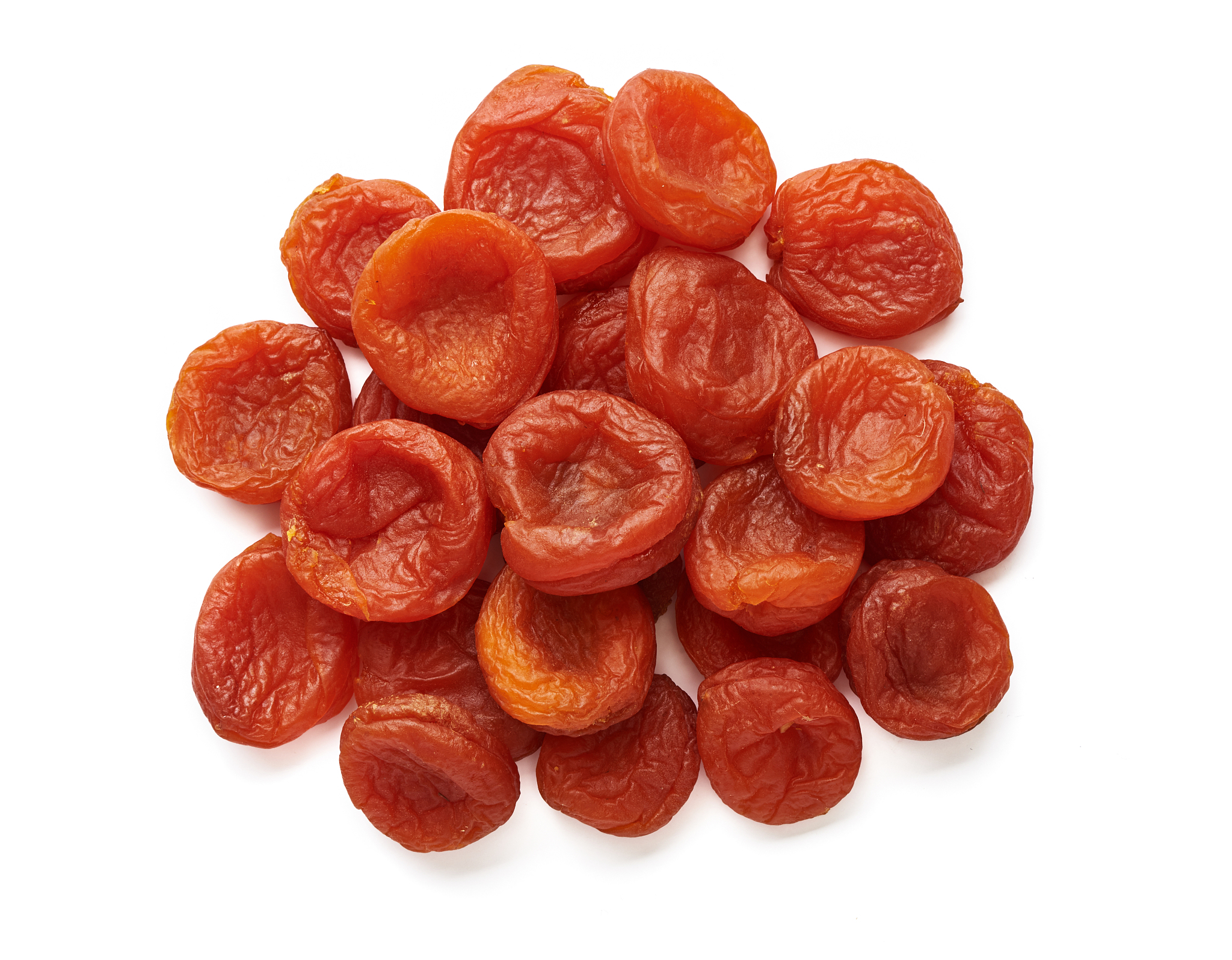 sun dried apricots isolated on white background. top view.