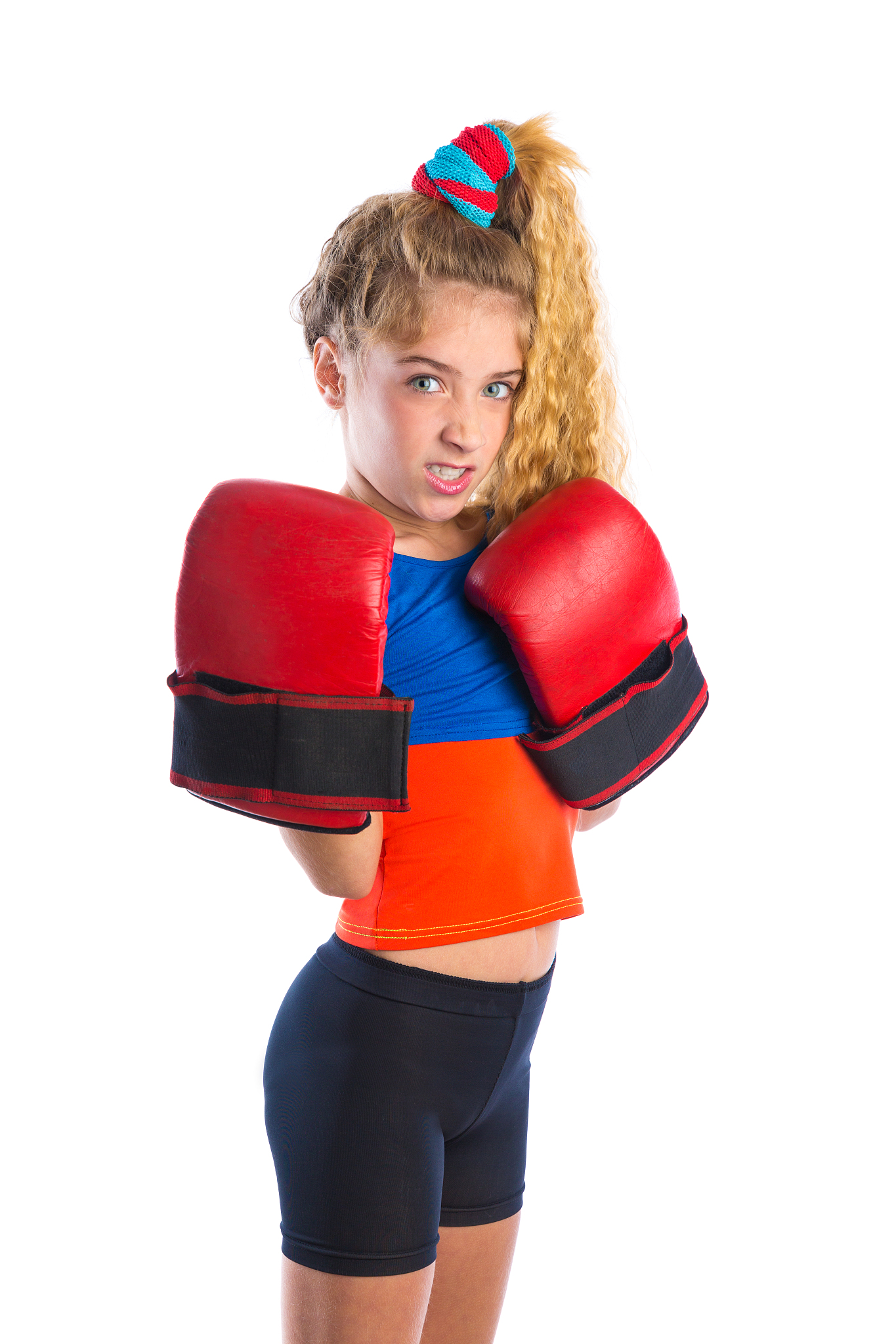 boxer kid blond girl with funny boxing gloves