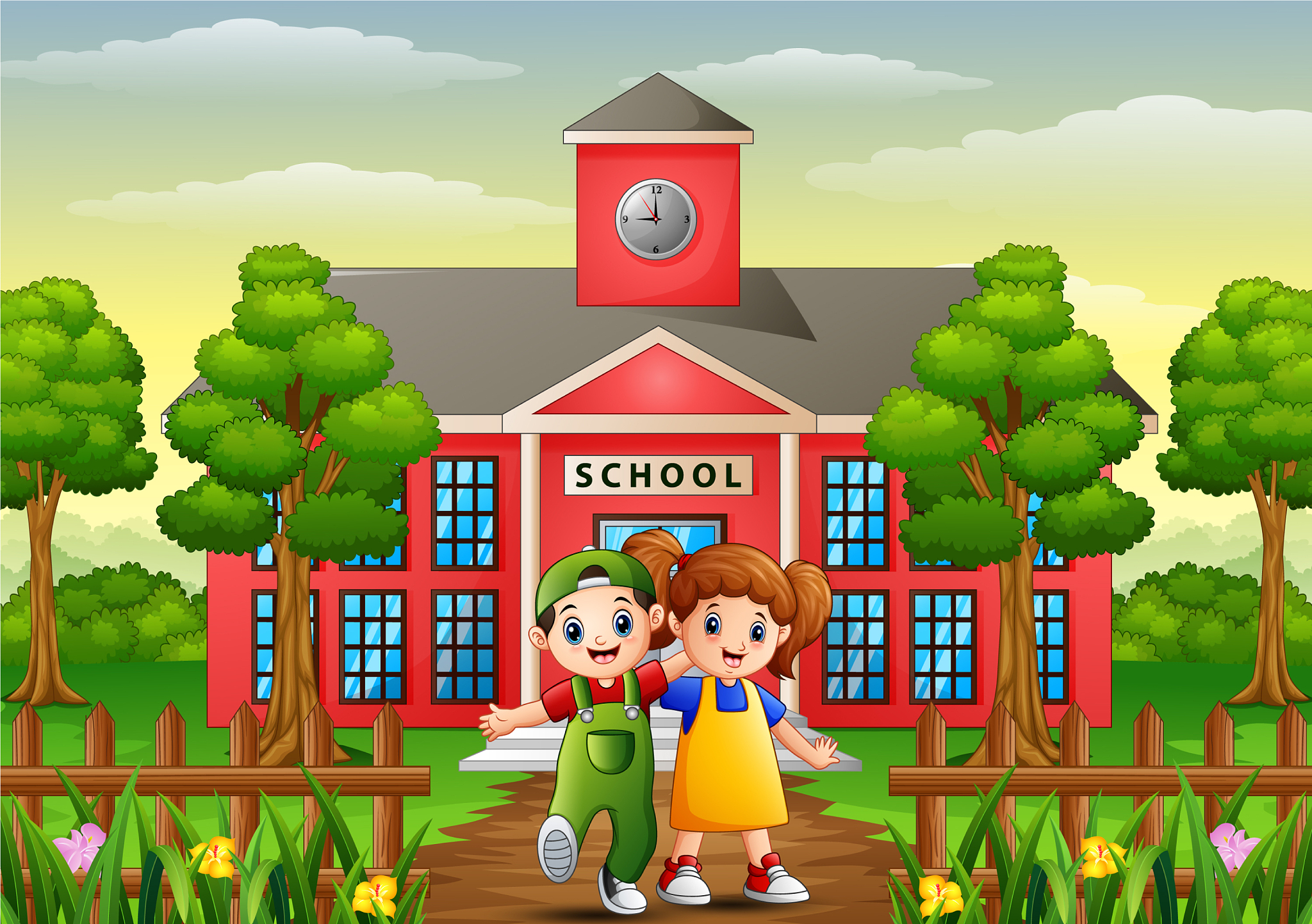 happy school children standing in front of school
