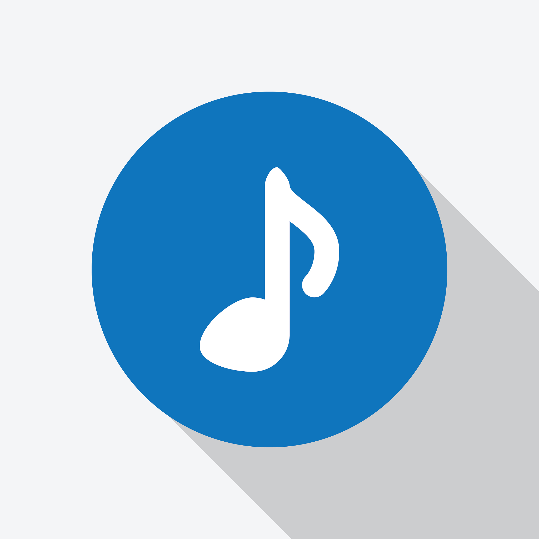 white single music note icon in blue circle.