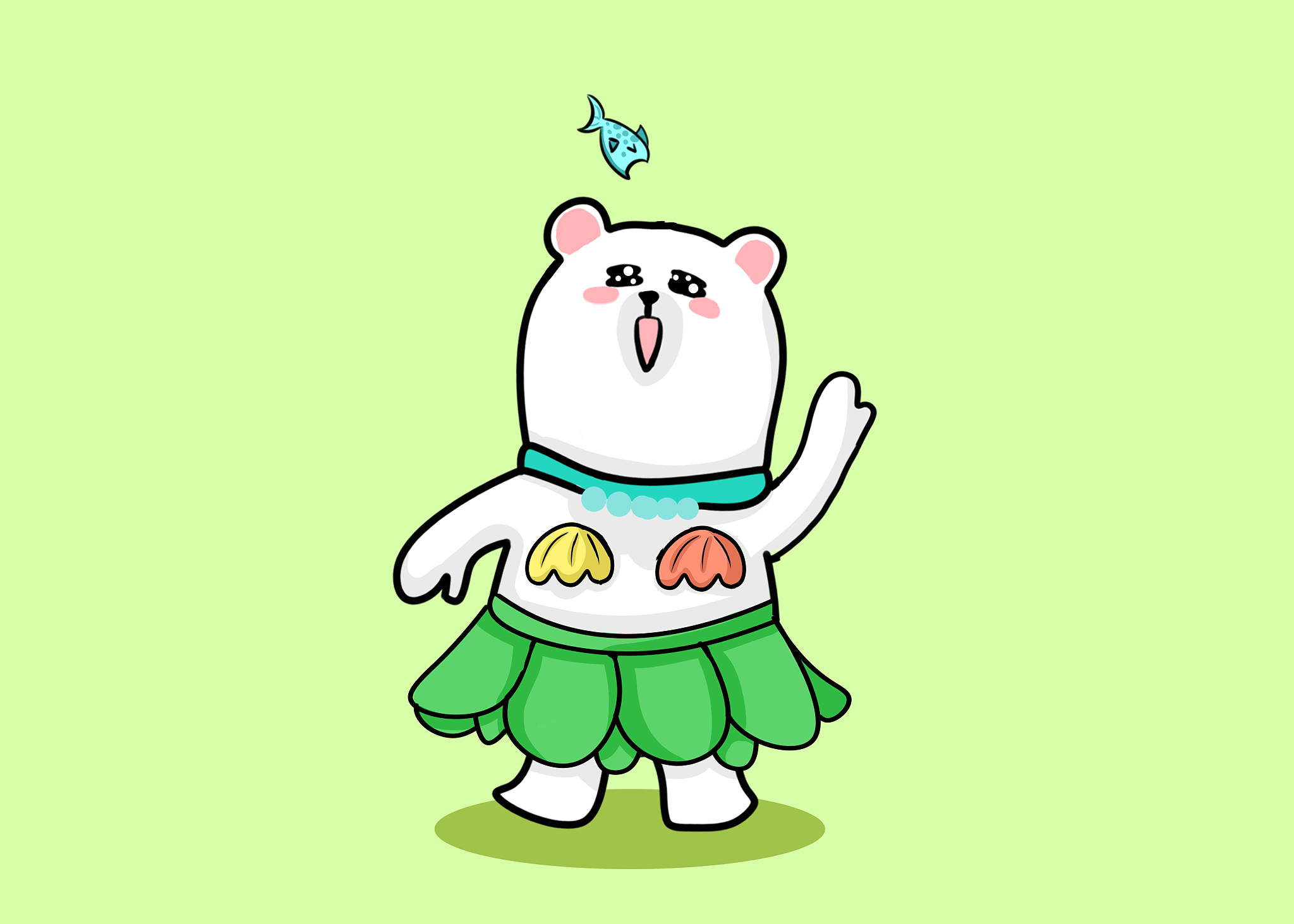 水草海草可爱招手的小熊白熊女孩子简笔画插画