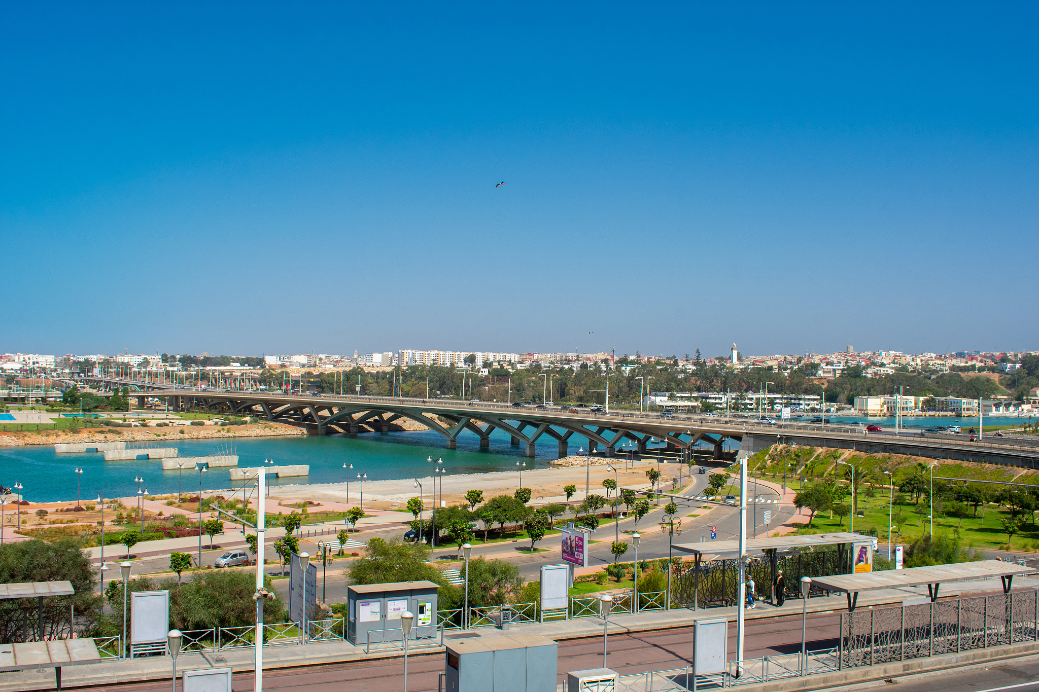 aerial view on city and river against blue sky in rabat morocco.