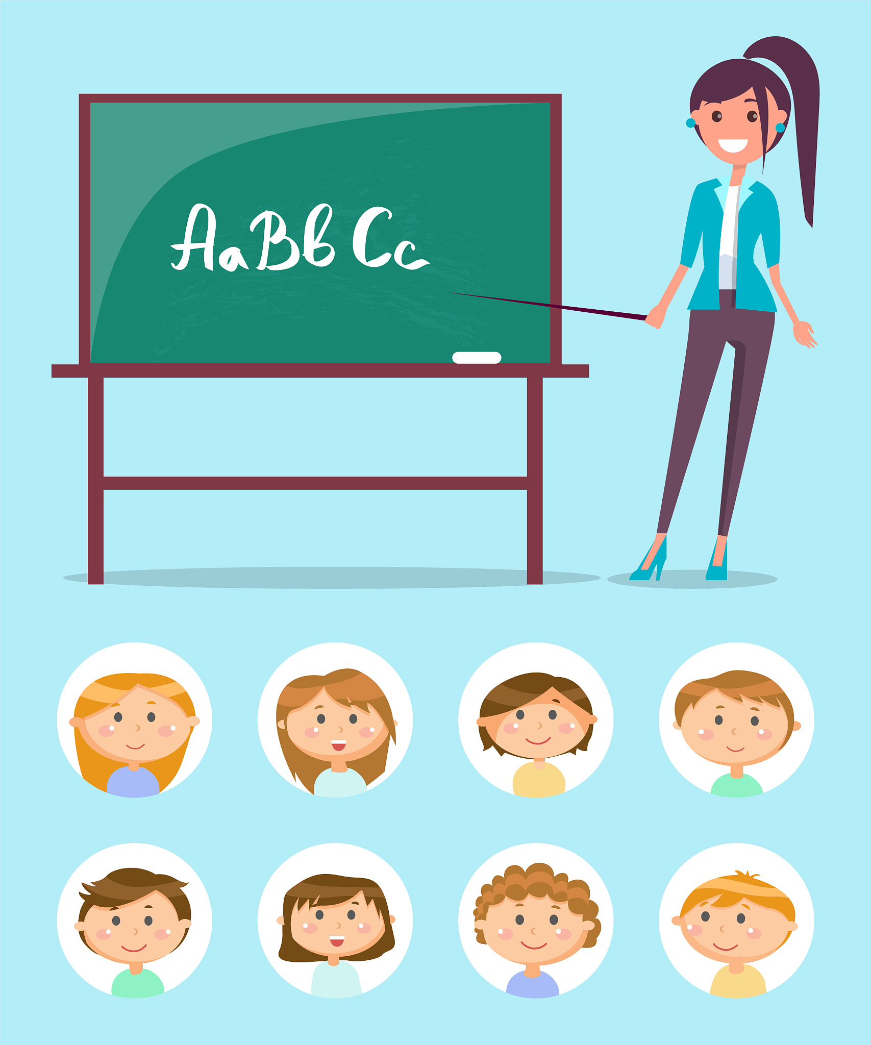 english teacher near chalkboard with abc letters