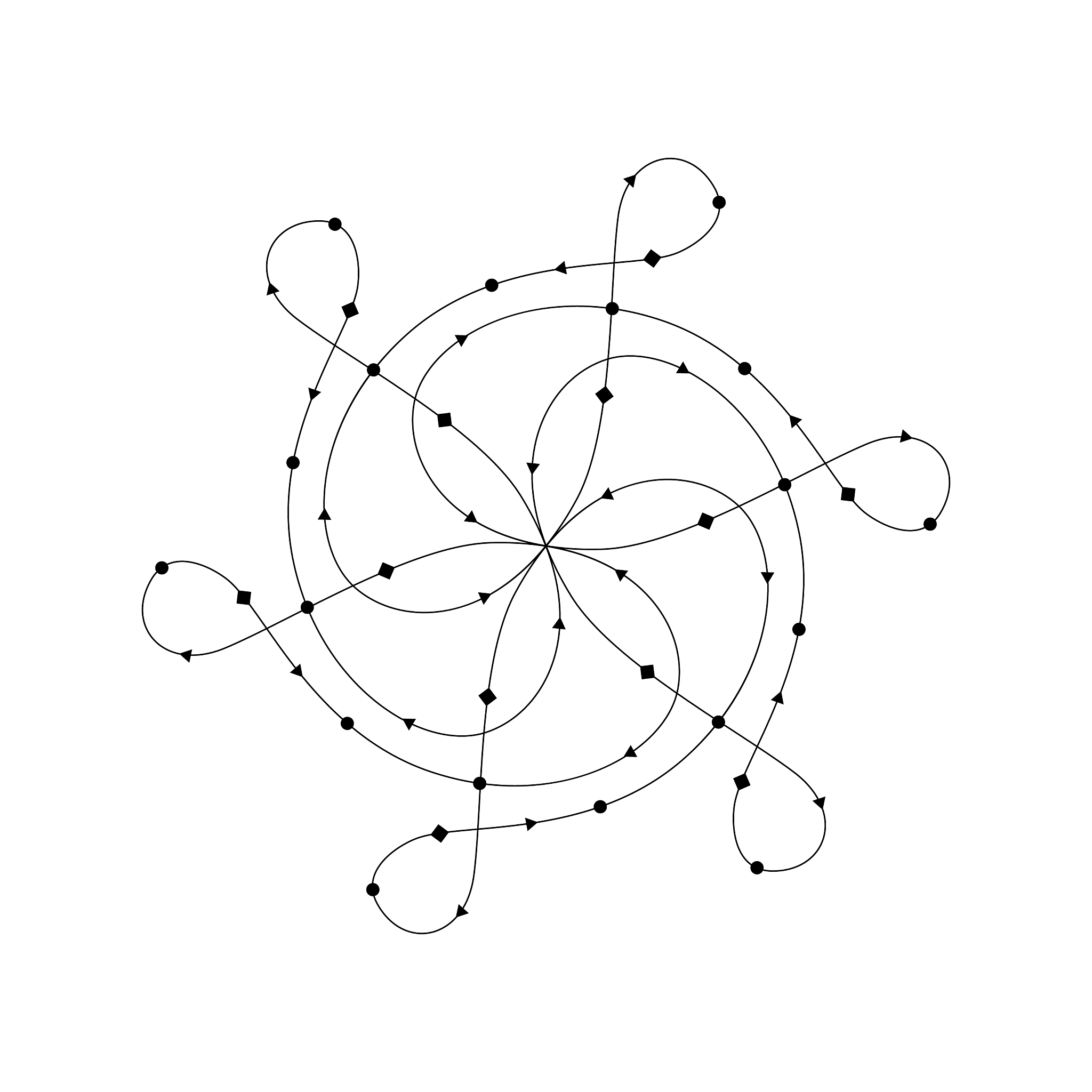 modern linear mandala with small symbols on white