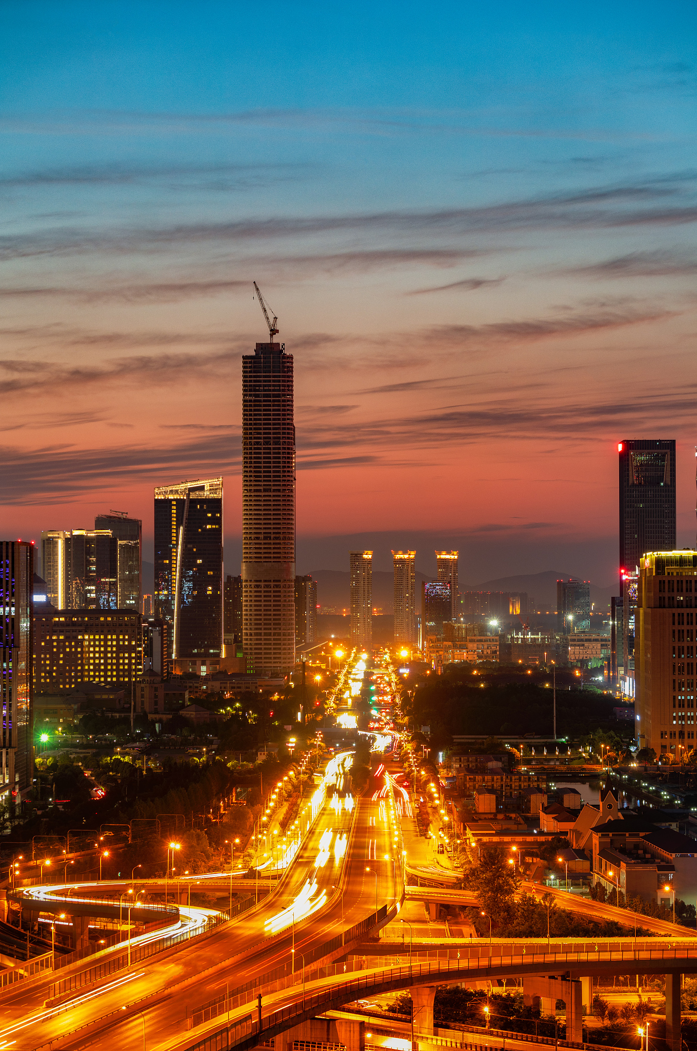 city main road sunset, nanjing new city