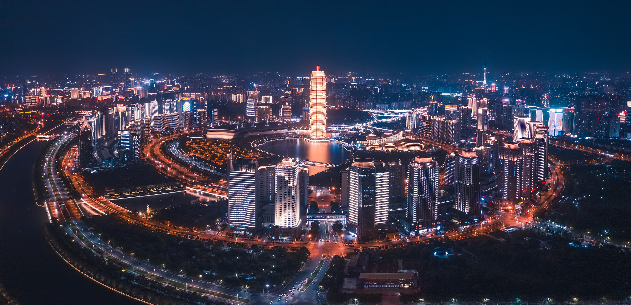 河南郑州cbd夜景航拍全景