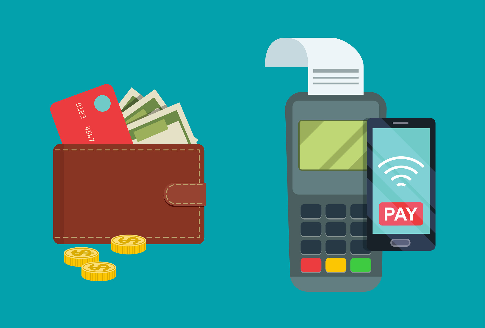 nfc payment, payment terminal and wallet with card, cash and coi