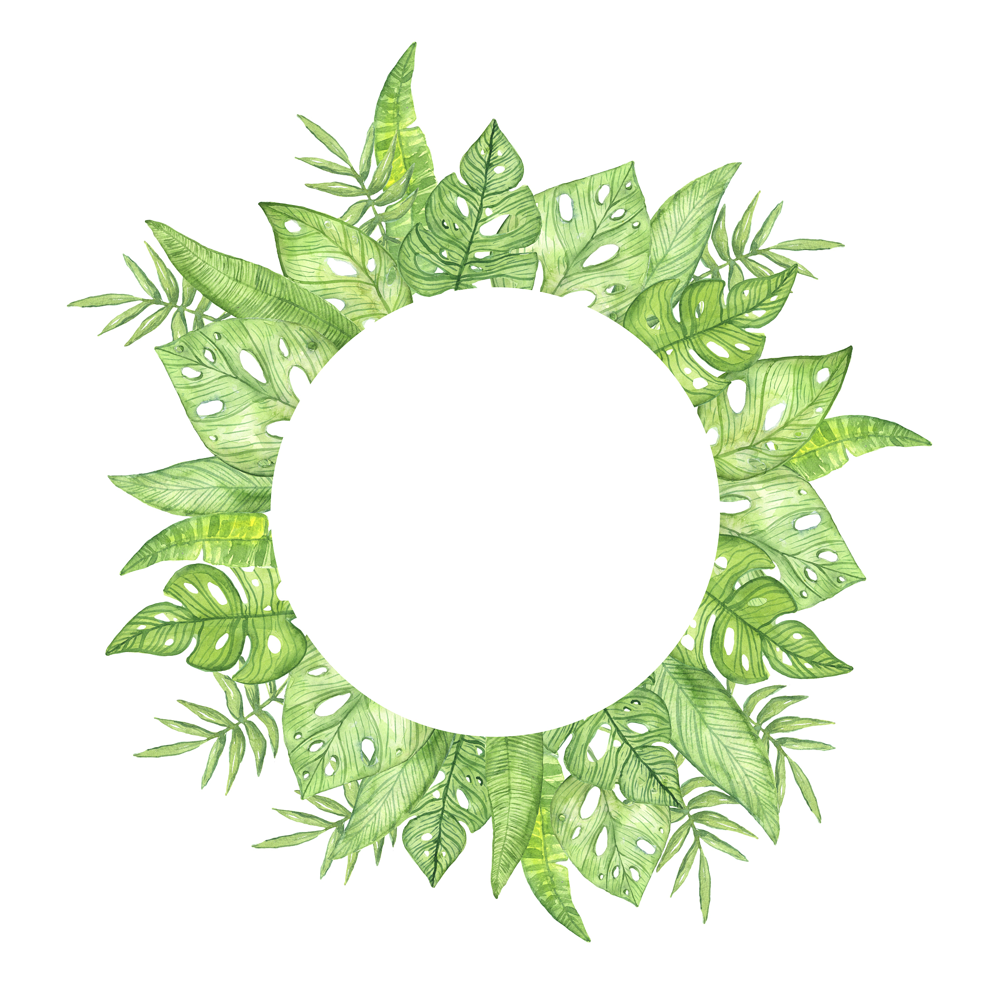 watercolor illustration round frame of green tropical leaves on 