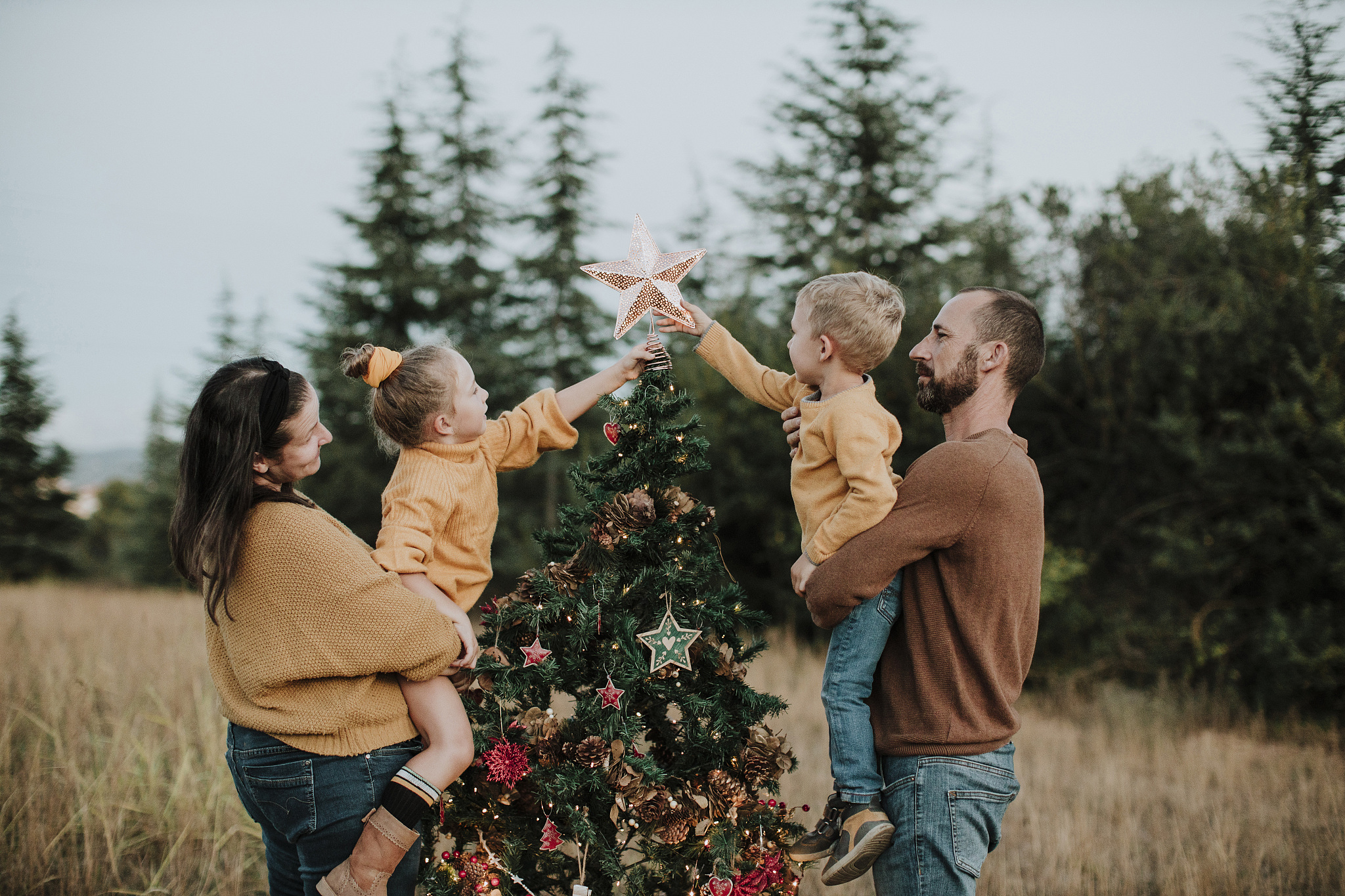 parents carrying children decorating christmas tree at countrysi