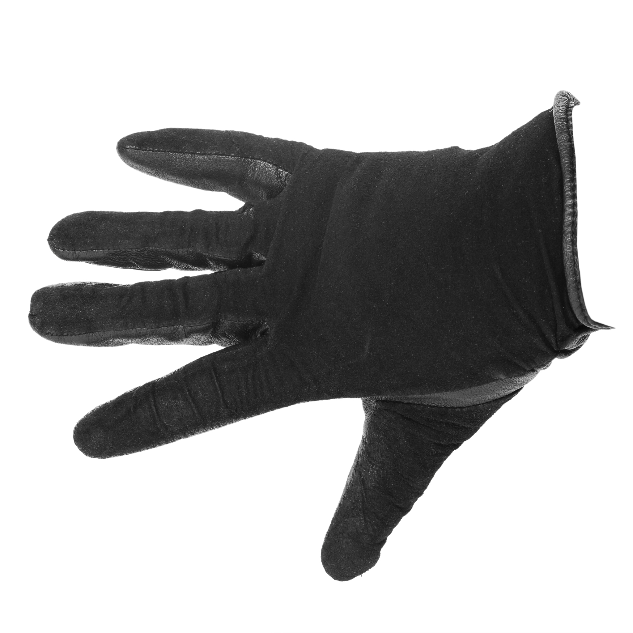 hand in a black leather glove with fingers apart.