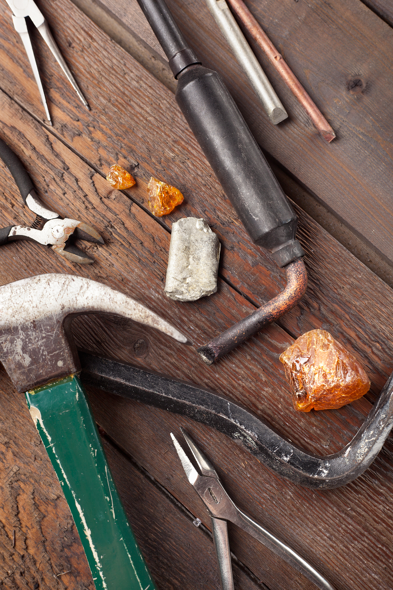 set of old hand tools on wooden table