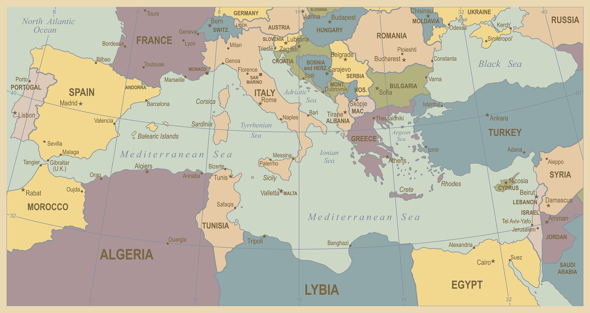 vintage map of mediterranean countries