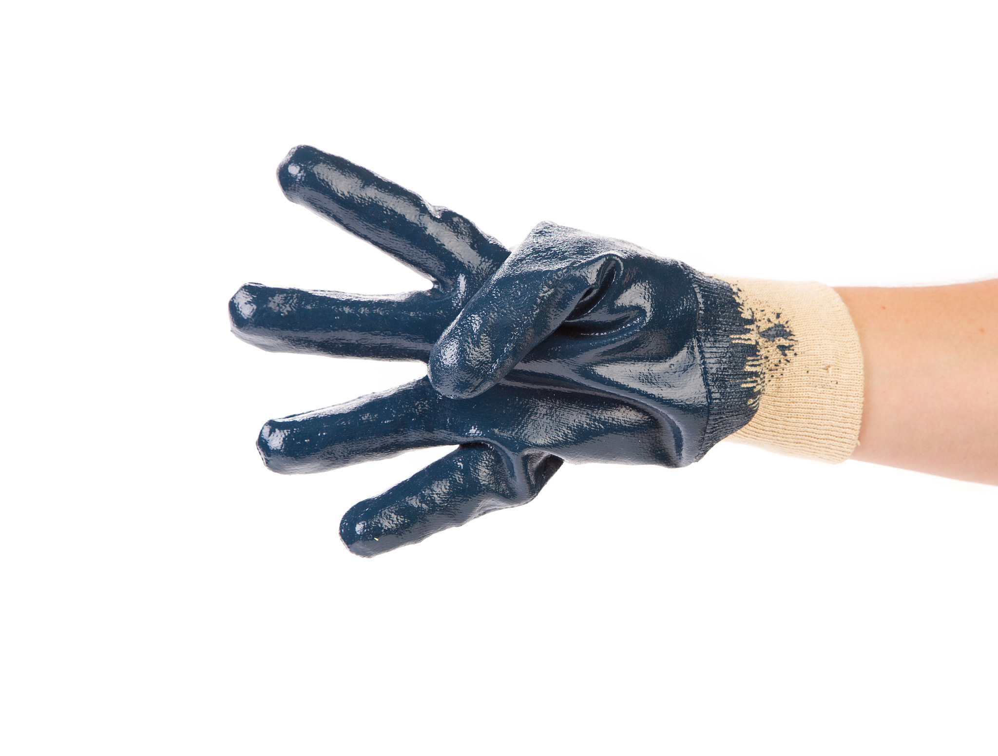 hand in a blue protective glove.