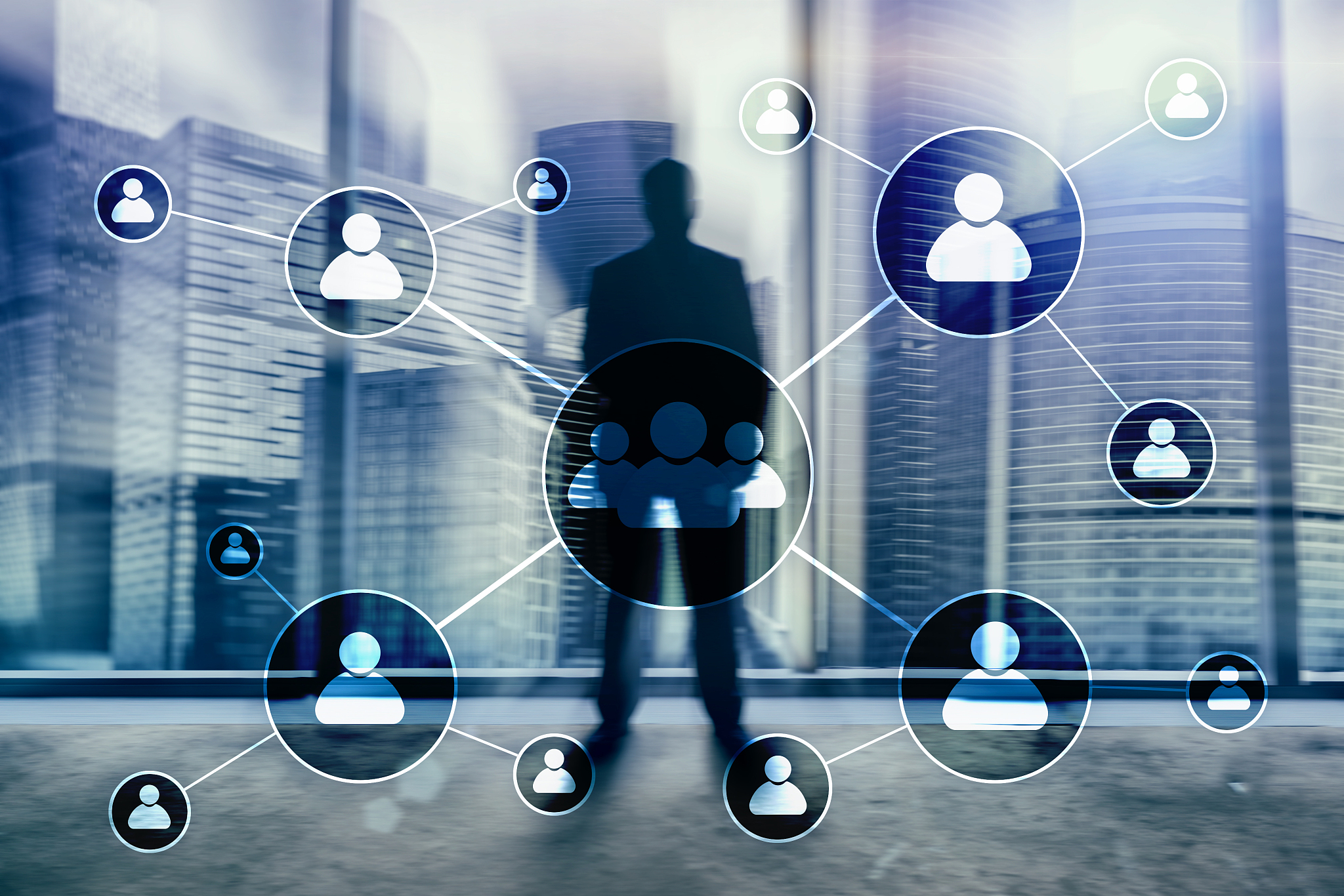 hr - human resources management concept on blurred business cent
