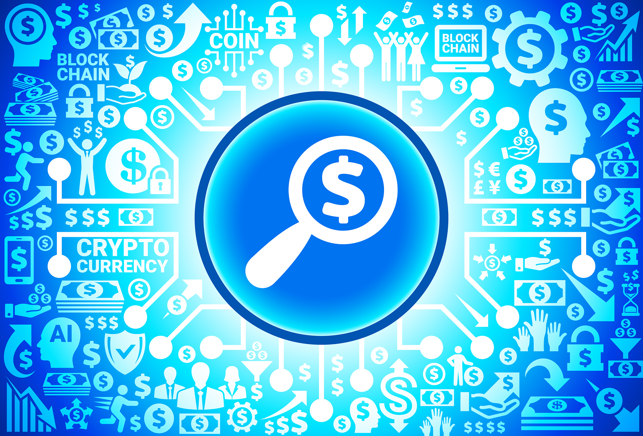 money search  icon on money and cryptocurrency background